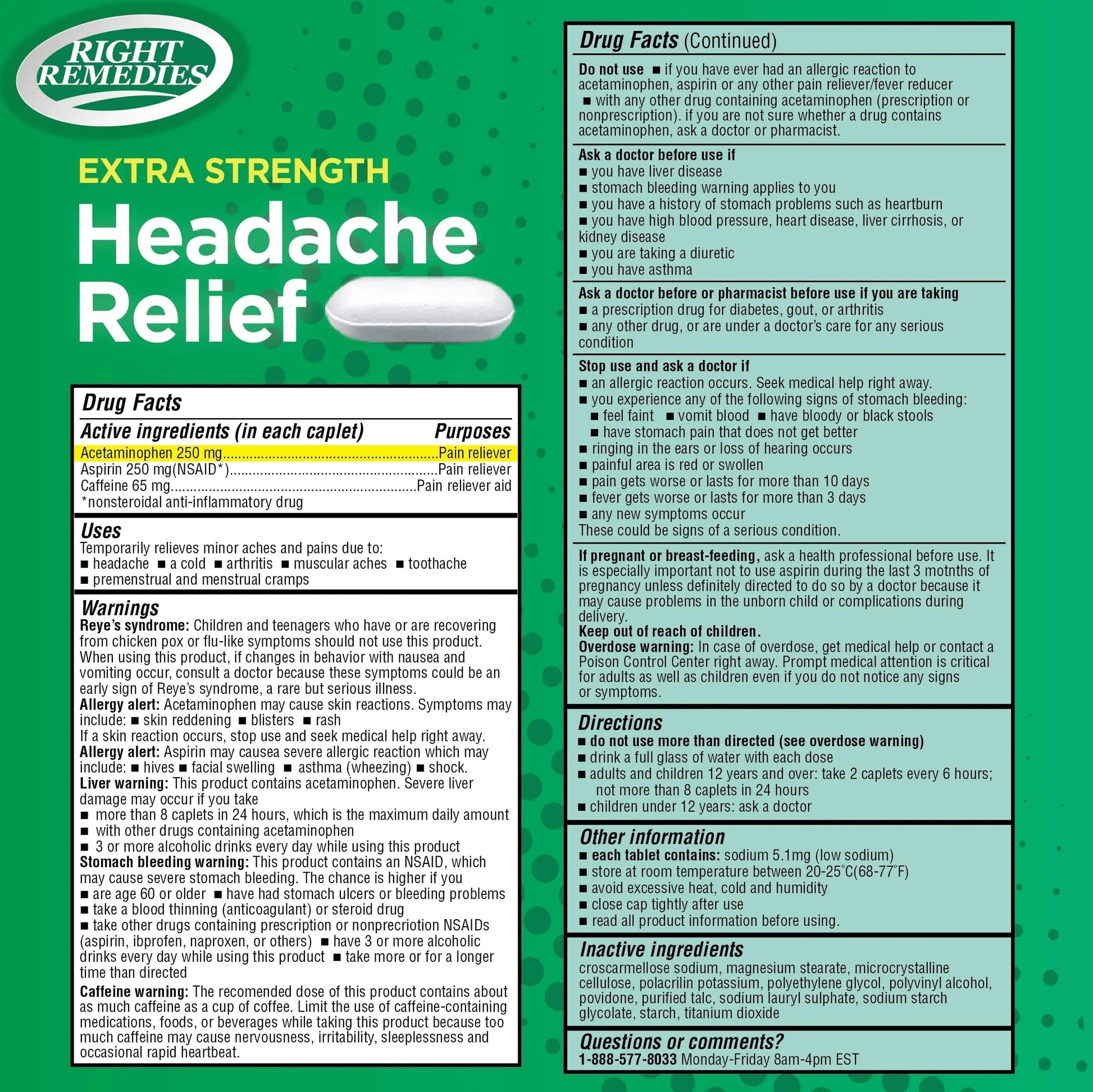 RIGHT REMEDIES Extra Strength Headache Relief with Acetaminophen, Aspirin (NSAID) & Caffeine, (300 caplets), Back & Body Pain Relief, Compare to The Active Ingredients in Excedrin® Extra Strength RIGHT REMEDIESAu supplements