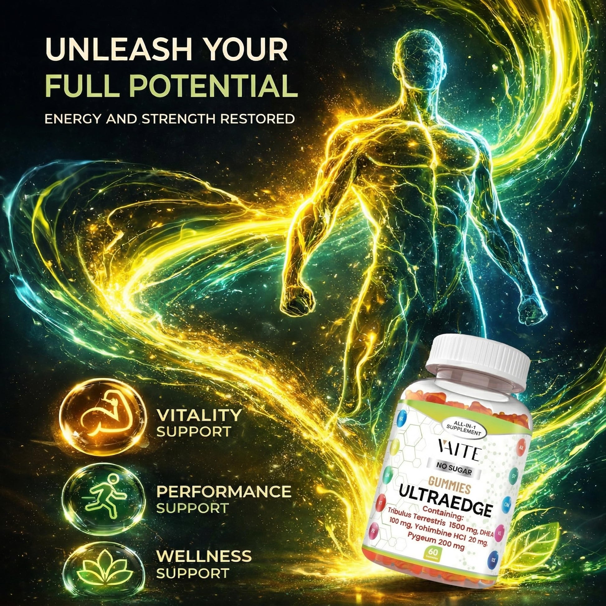 VAITE UltraEdge Herbal Complex Gummies – Tribulus Terrestris 1500mg, DHEA 100mg, Yohimbine HCl 20mg, Pygeum 200mg, Plant-Based Blend, 60 Vegan Gummies, Non-GMO, Gluten-Free, Adult Supplement VAITEAu supplements