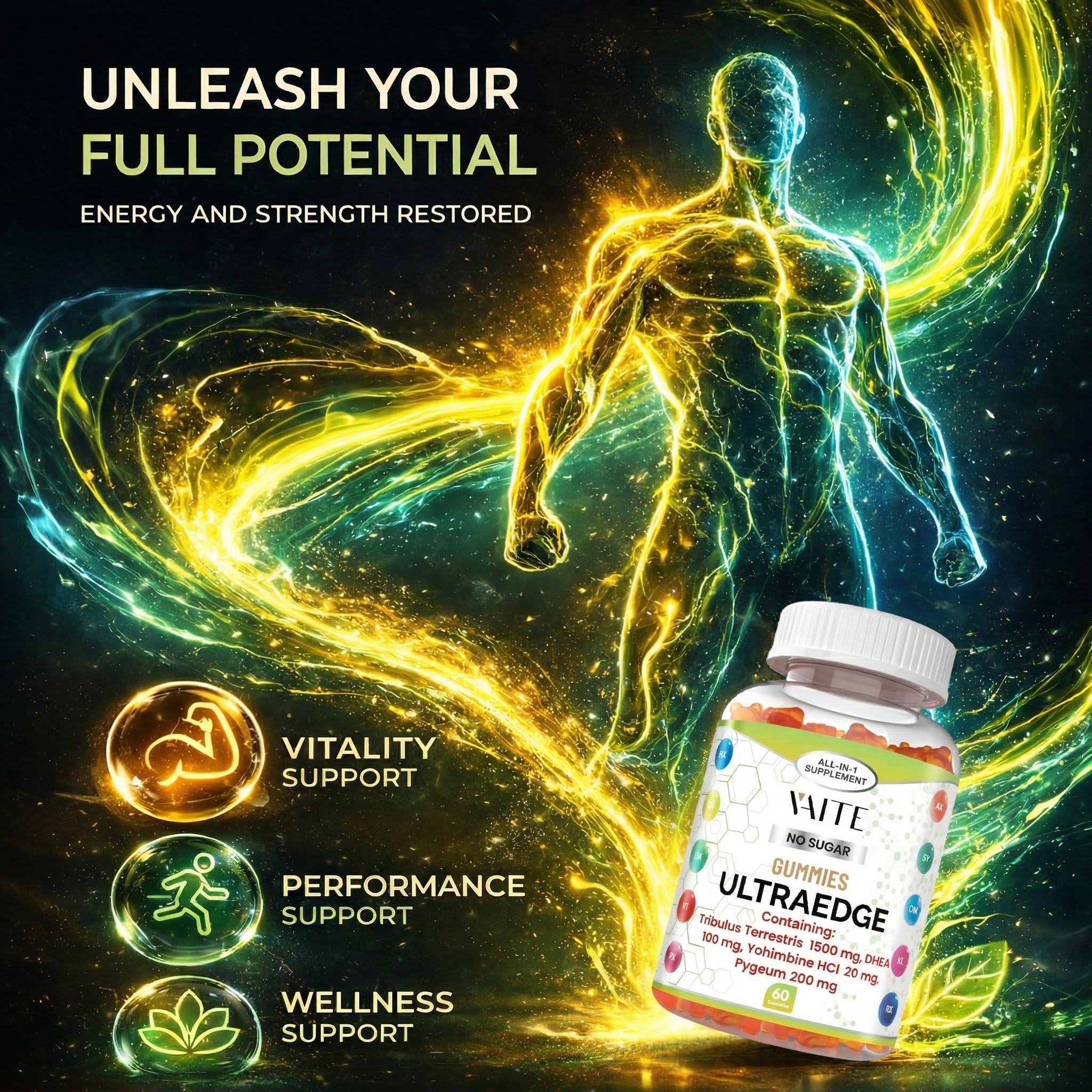 VAITE UltraEdge Herbal Complex Gummies – Tribulus Terrestris 1500mg, DHEA 100mg, Yohimbine HCl 20mg, Pygeum 200mg, Plant-Based Blend, 60 Vegan Gummies, Non-GMO, Gluten-Free, Adult Supplement VAITEAu supplements