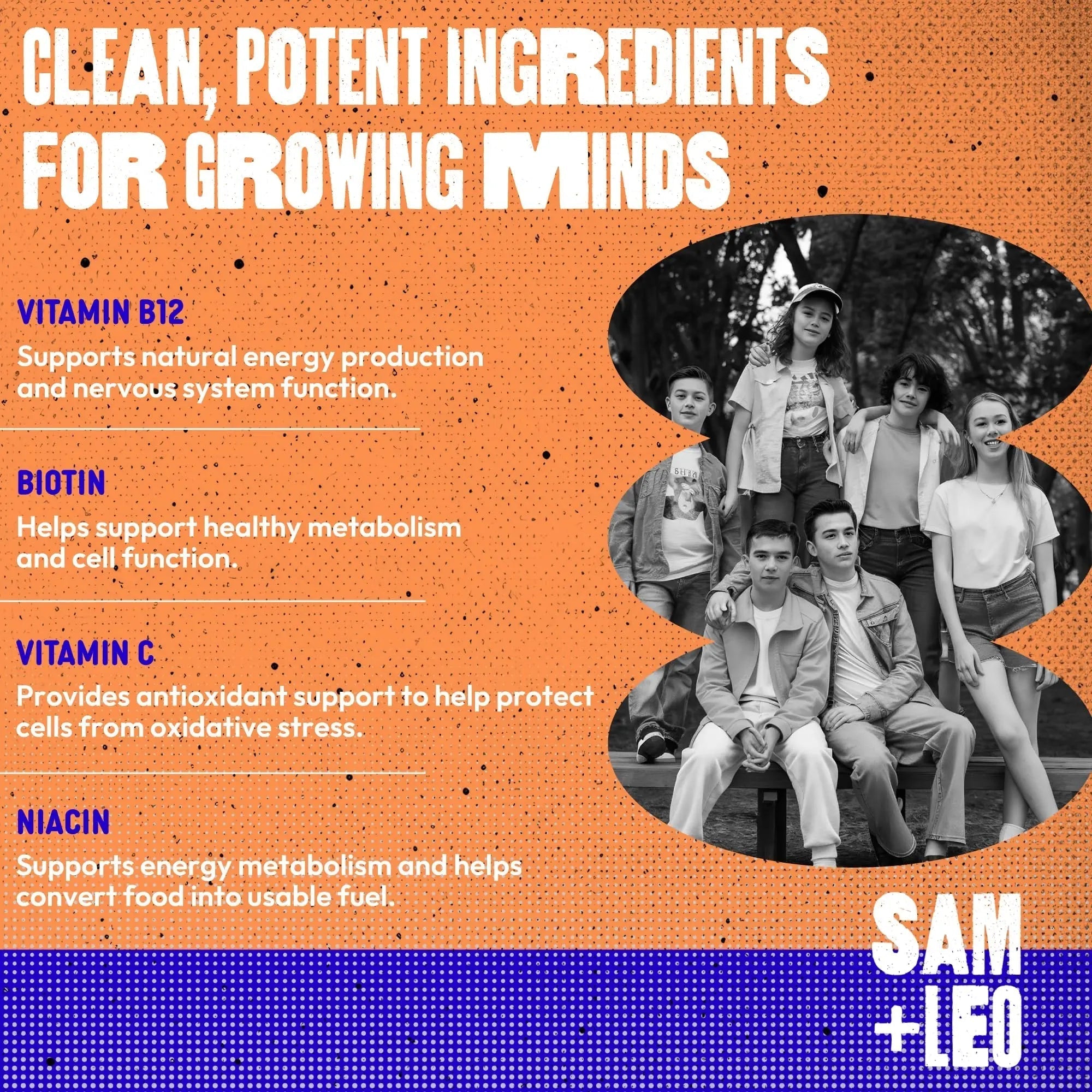 SAM+LEO Vitamin B Complex Gummies with Biotin for Kids & Teens - Caffeine-Free Focus & Energy Support Supplement Gummies | SAM+LEOAu supplements