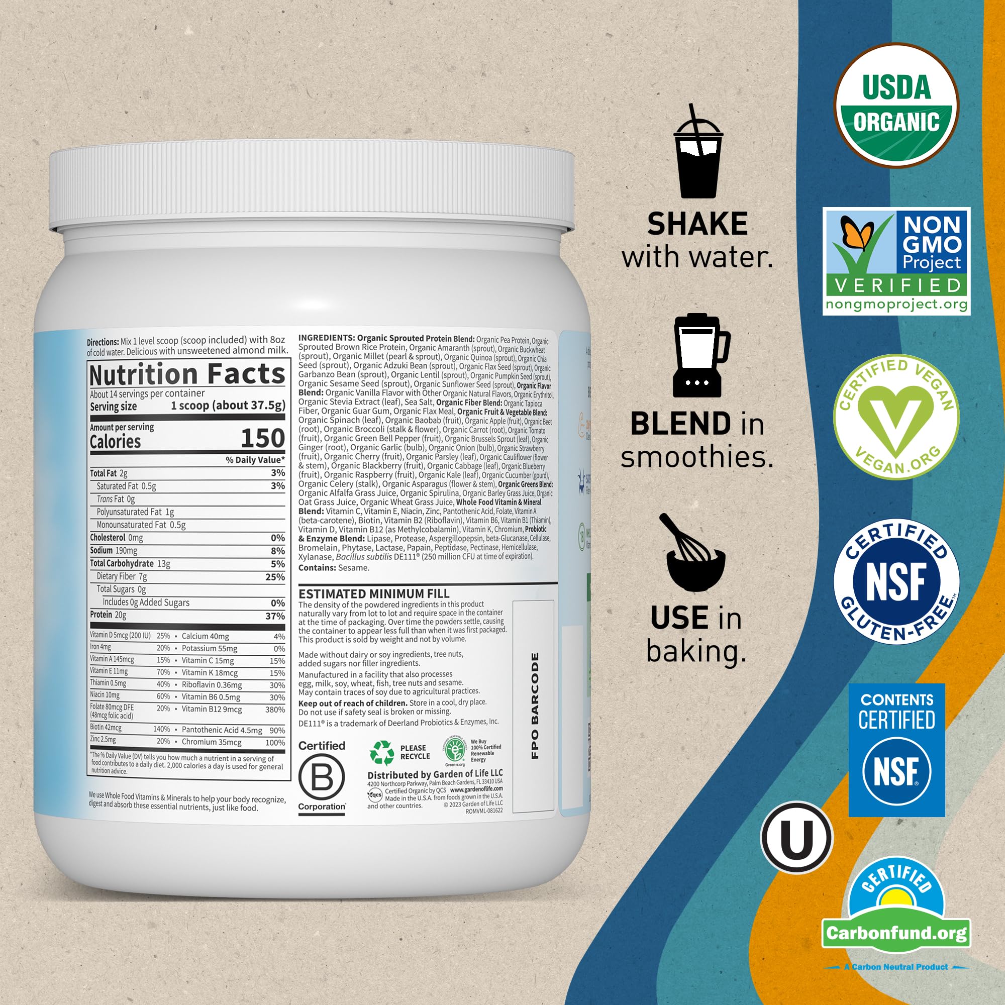 Garden of Life Vegan Protein Powder - Raw Organic Meal Replacement Garden of LifeUS supplements