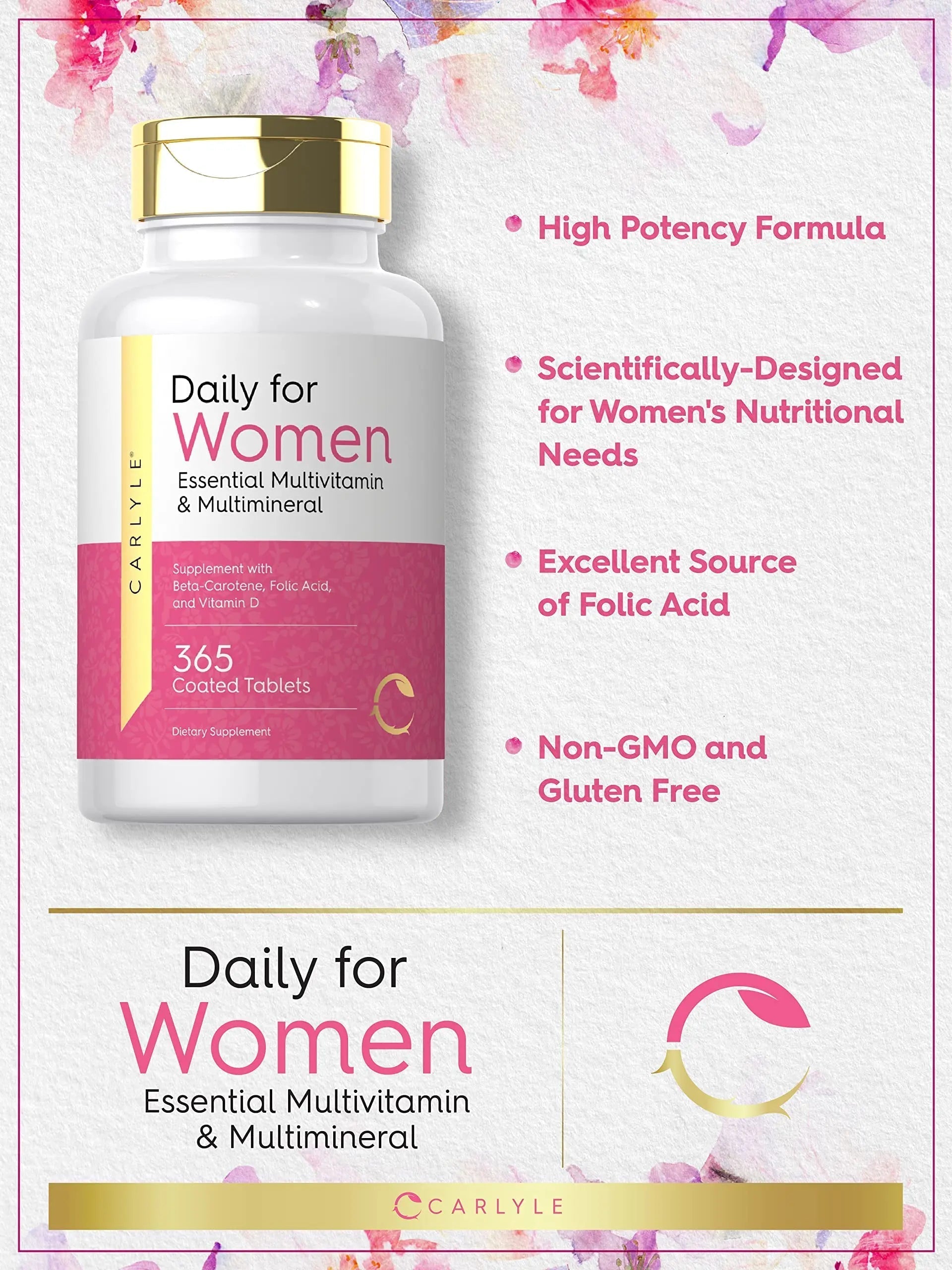 Carlyle Women's Daily Multivitamin and Multimineral Supplement | 365 Tablets | Beta-Carotene, Folic Acid and Vitamin D | Non-GMO, Gluten Free Pills CarlyleAu supplements