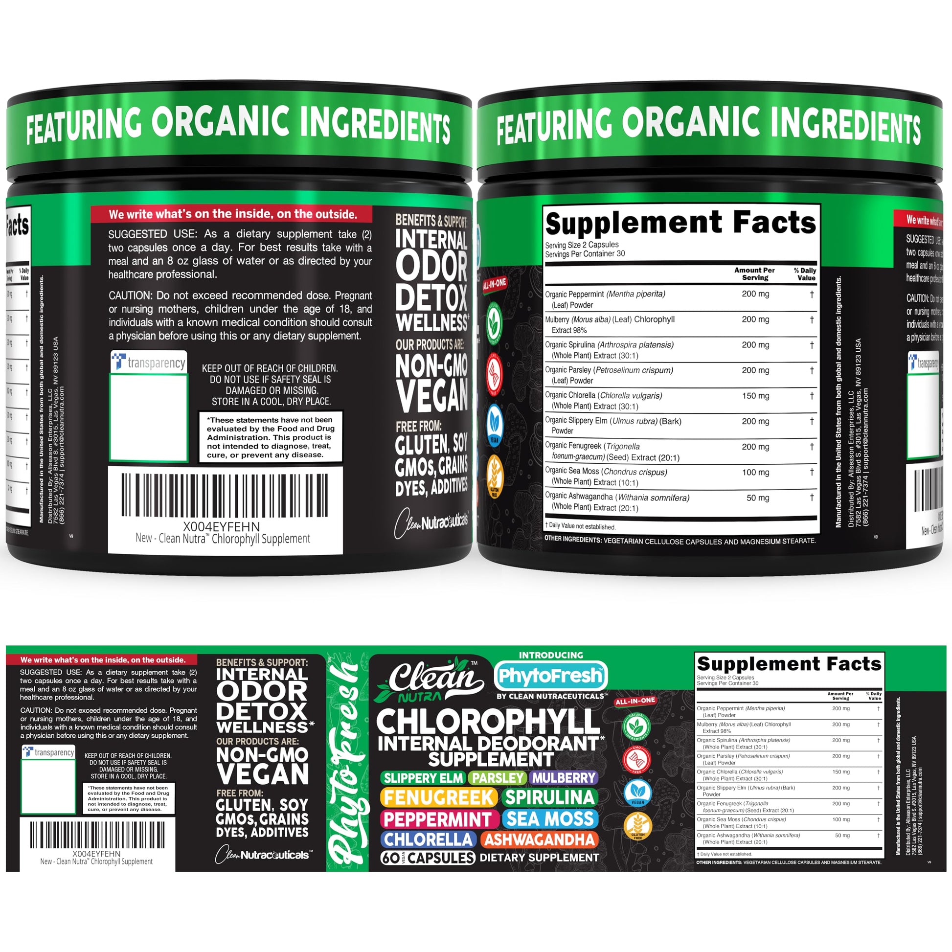 Clean Nutra Chlorophyll Capsules Supplement Internal Deodorant Peppermint, Sea Moss, Parsley, Chlorella, Spirulina, Slippery Elm, Ashwagandha, PhytoFresh Greens Detox Pills Clean NutraceuticalsAu supplements