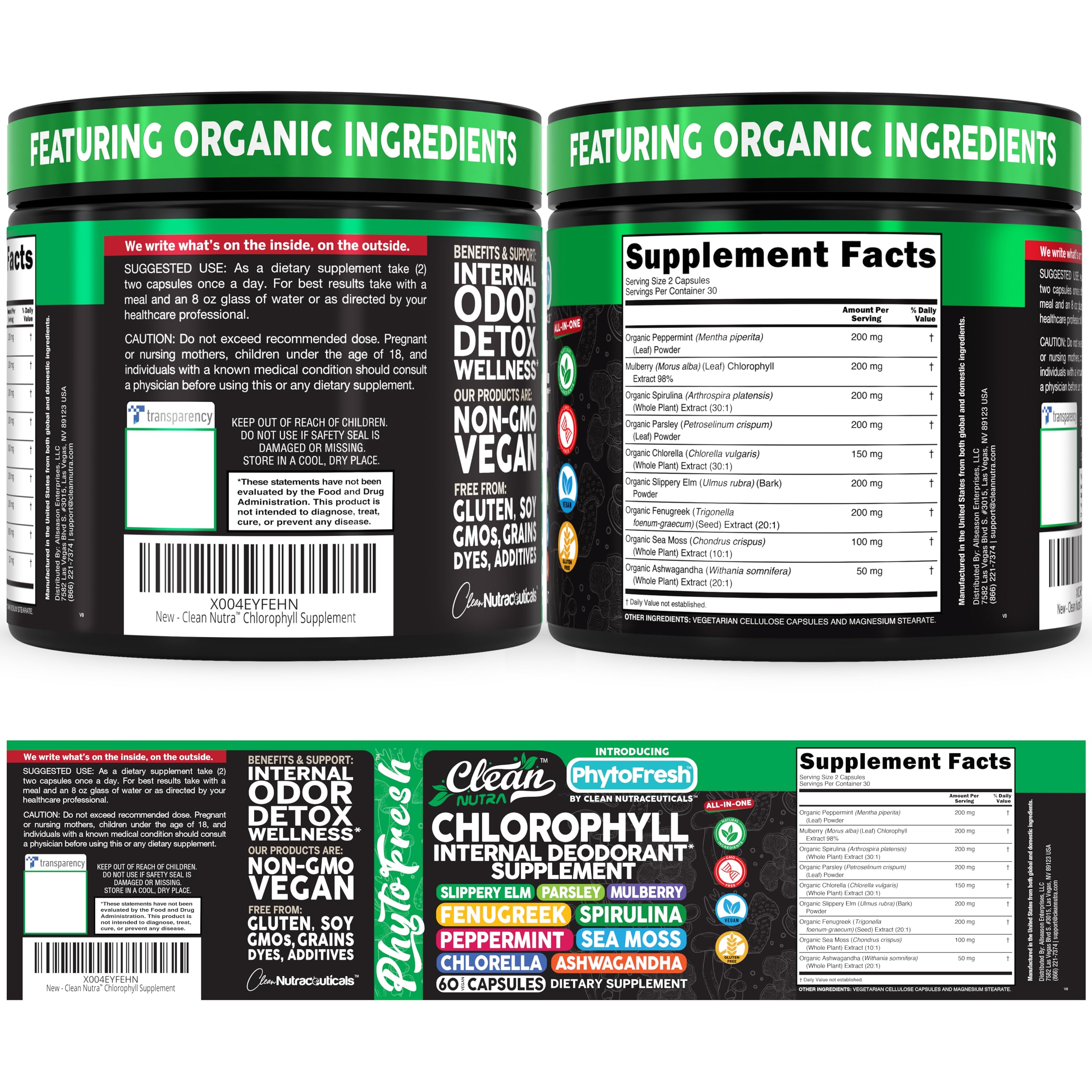 Clean Nutra Chlorophyll Capsules Supplement Internal Deodorant Peppermint, Sea Moss, Parsley, Chlorella, Spirulina, Slippery Elm, Ashwagandha, PhytoFresh Greens Detox Pills Clean NutraceuticalsAu supplements