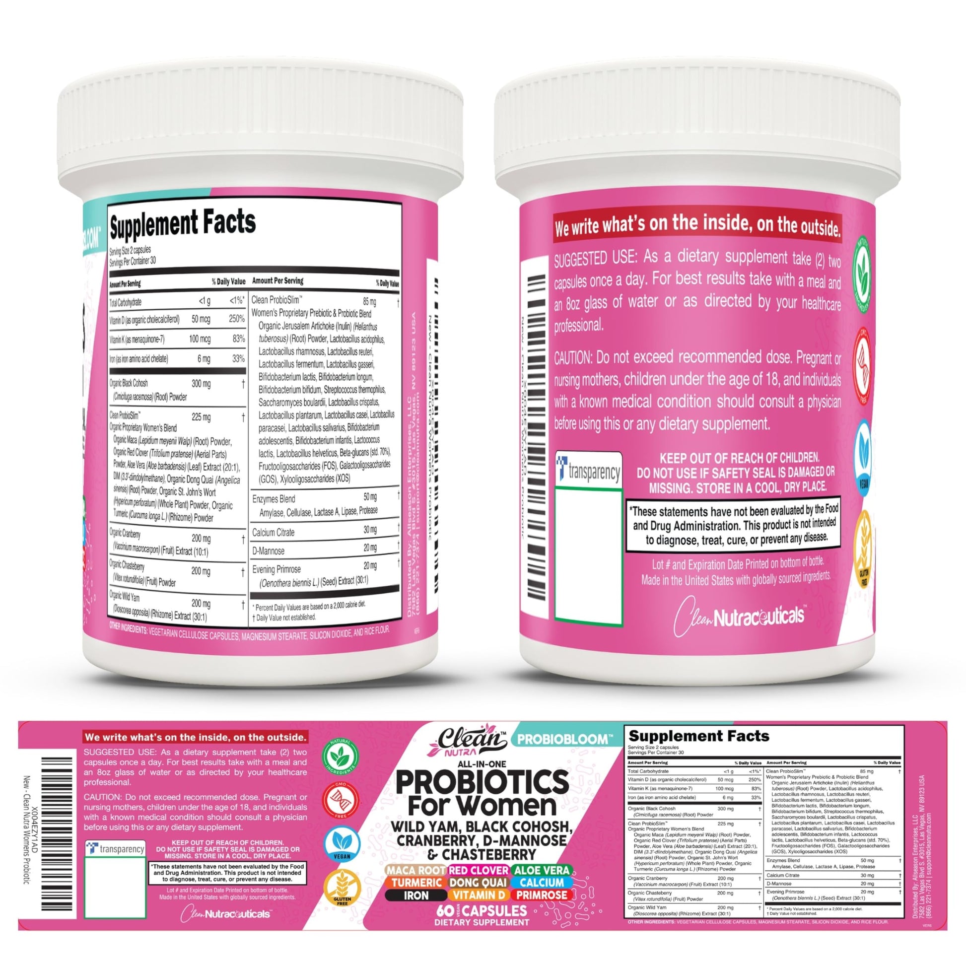 Clean Nutraceuticals Probiotics for Women with D Mannose, Cranberry Extract, Wild Yam, Chasteberry - 20 Probiotic and Prebiotic Strains - PH Balance, Womens Probiotic for Digestive Health - 60 Count Clean NutraceuticalsAu supplements