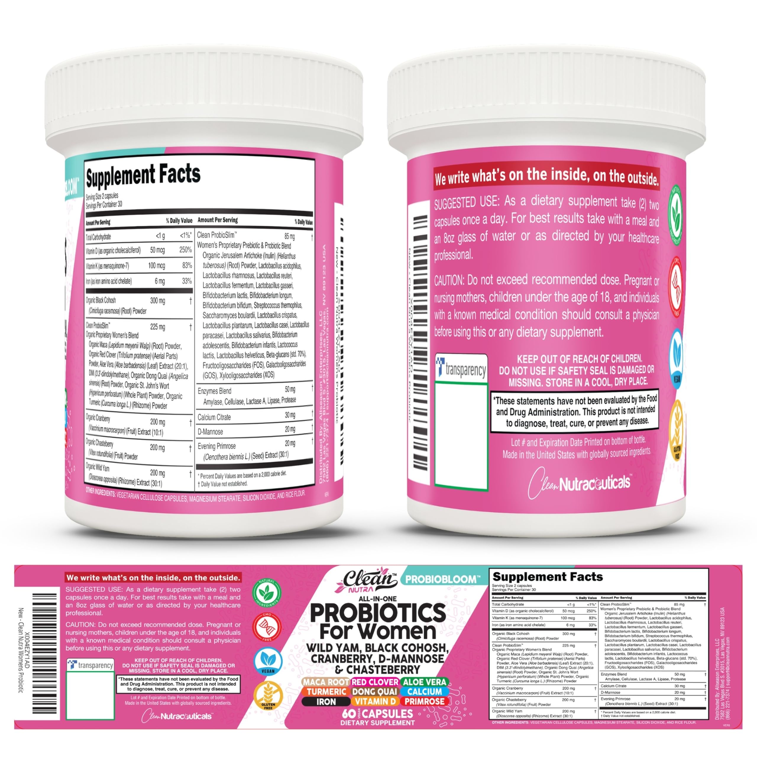Clean Nutraceuticals Probiotics for Women with D Mannose, Cranberry Extract, Wild Yam, Chasteberry - 20 Probiotic and Prebiotic Strains - PH Balance, Womens Probiotic for Digestive Health - 60 Count Clean NutraceuticalsAu supplements