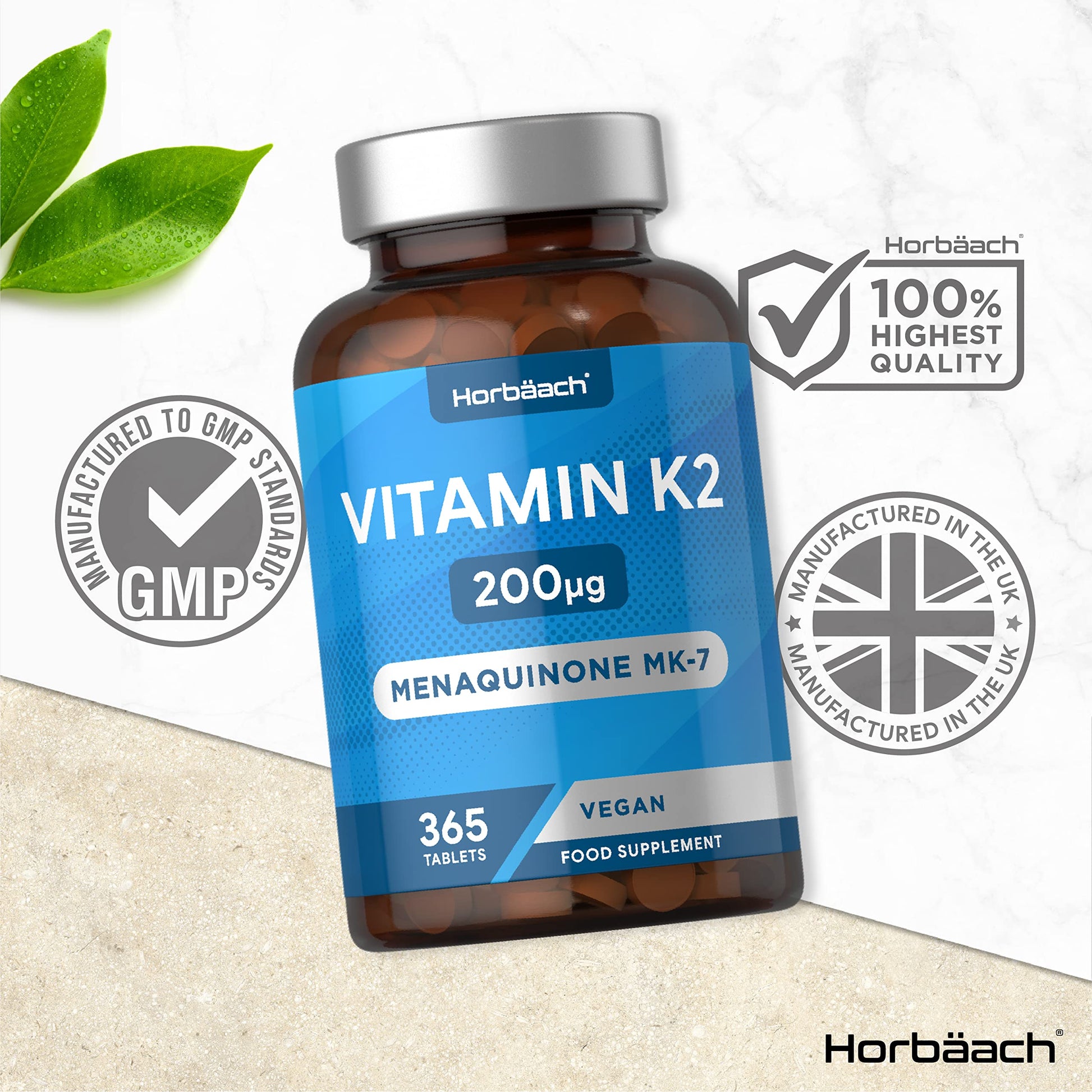 Vitamin K2 MK7 200ug | 365 Vegan Tablets | High Strength Menaquinone MK-7 HorbäachUS supplements
