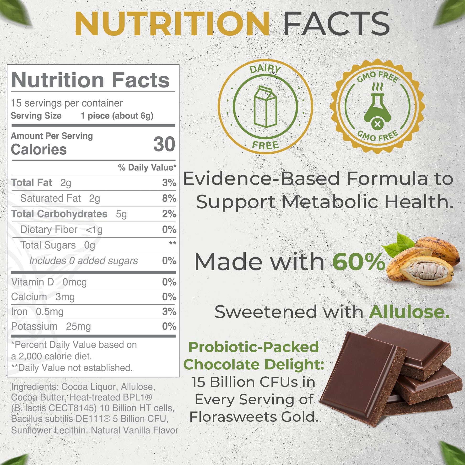 Revival Point Florasweets Gold Chocolate Bites with Probiotic + Postbiotic Stains DE111 & BPL1 - Indivally Wrapped - Supports Digestive & Gut Health Bacillus subtilis (1) Revival PointAu supplements
