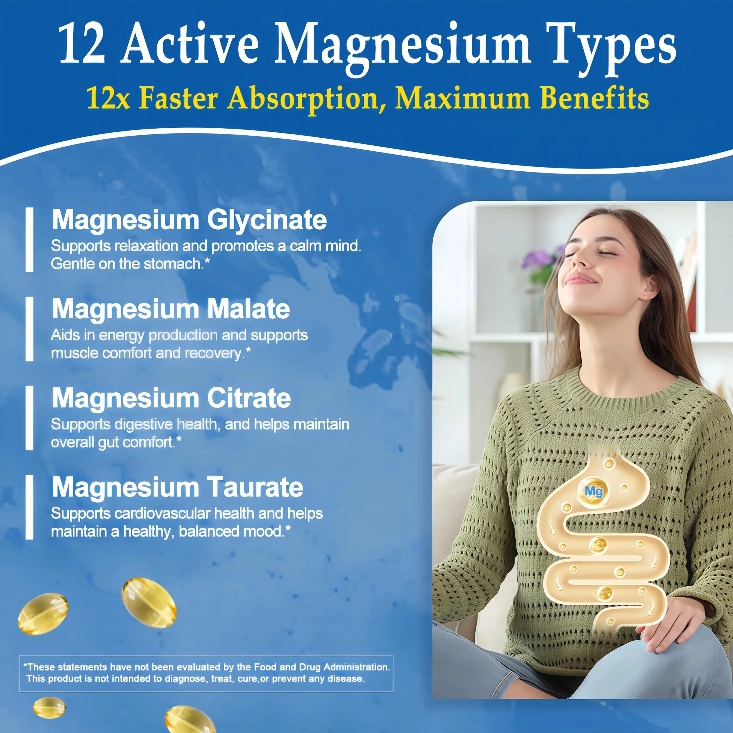 Magnesium Complex Softgels - 12-in-1 Magnesium Supplement with Glycinate,Citrate,Malate,Oxide,Taurate - High Absorption Magnesium Complex for Women & Men for Muscle, Heart, Sleep, Bone, Nerve Support JINGYATnz supplements