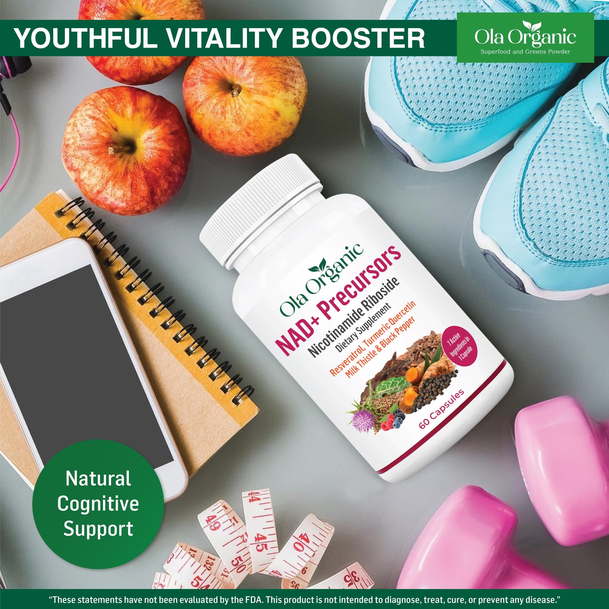 NAD+ Supplement & NAD Booster for Cellular Energy and Healthy Aging – Plant-Based Nicotinamide Riboside (NR) NAD Precursor with Resveratrol, Turmeric, Quercetin, Rhodiola & Milk Thistle – 60 Capsules Ola OrganicAu supplements