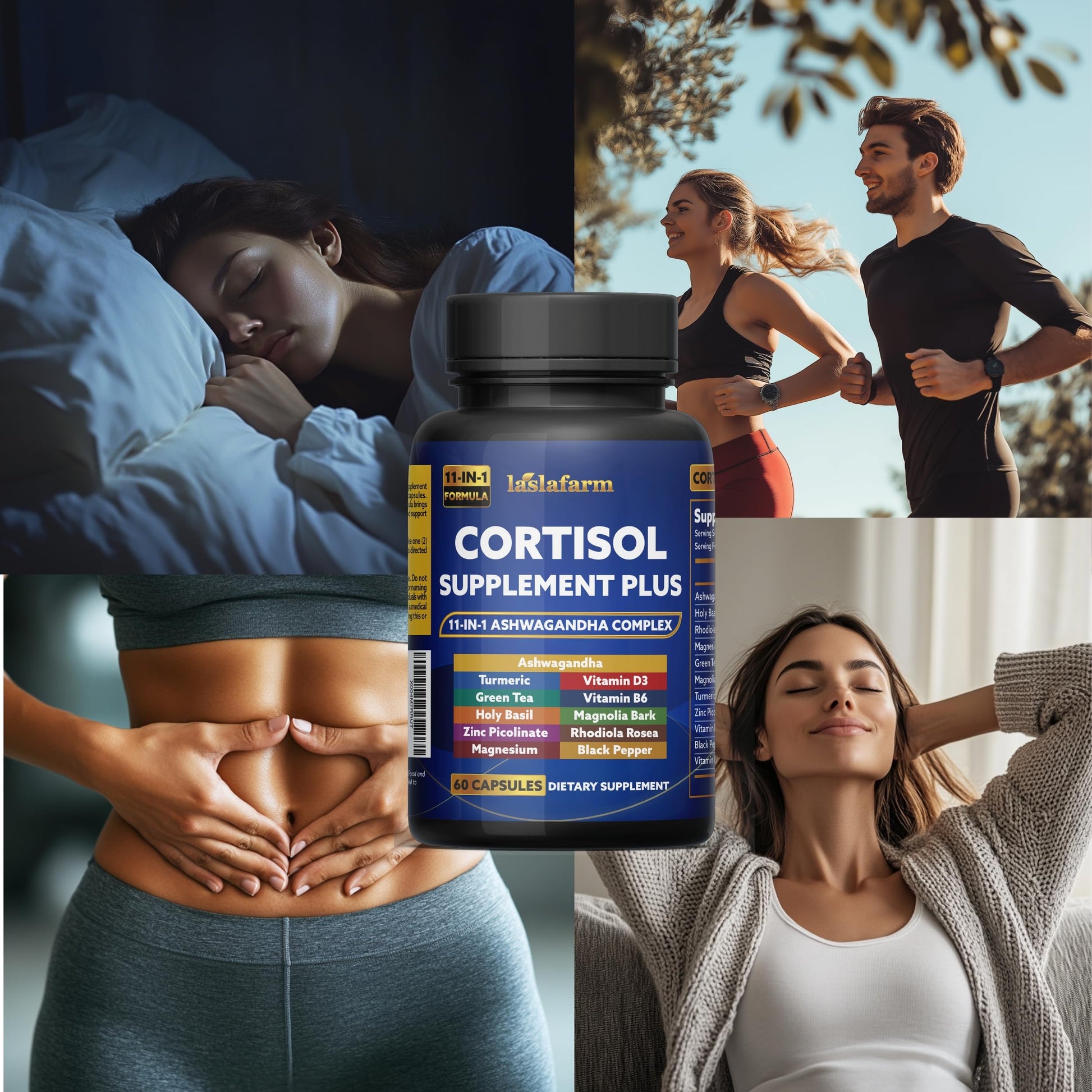 laslafarm 11in1 Cortisol Plus Supplement, 11in1 Ashwagandha and Natural Herbal Complex Vitamin Blend for Daily Mood, Focus and Sleep, Suitable for Women and Men 60 Capsules laslafarmAu supplements