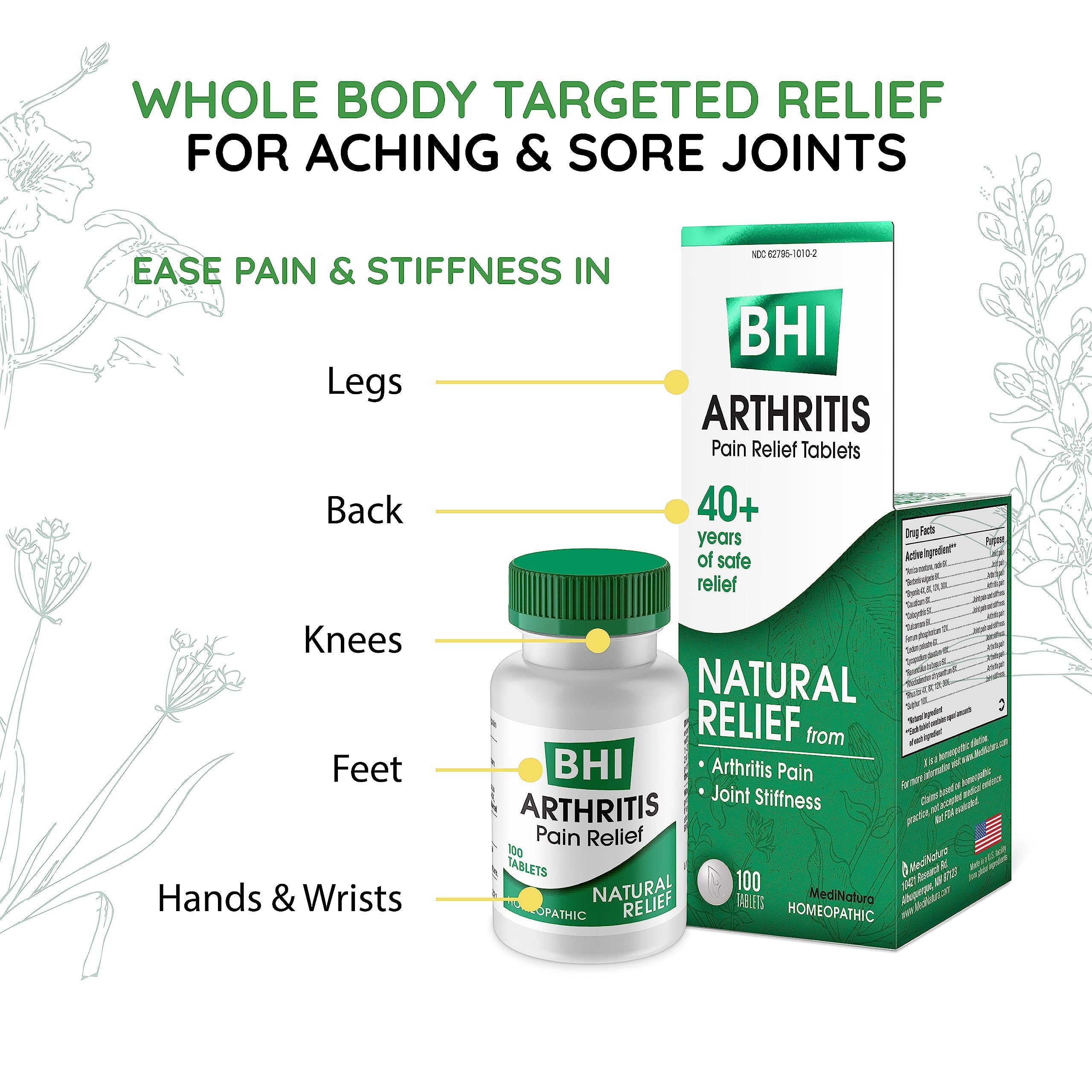 BHI Arthritis Pain Relief Daily Joint Health Support Arnica + 13 Natural Actives Homeopathic Plant & Mineral Blend Helps Relieve Minor Pain & Stiffness in Joints for Women & Men - 100 Tablets MediNaturaAu supplements
