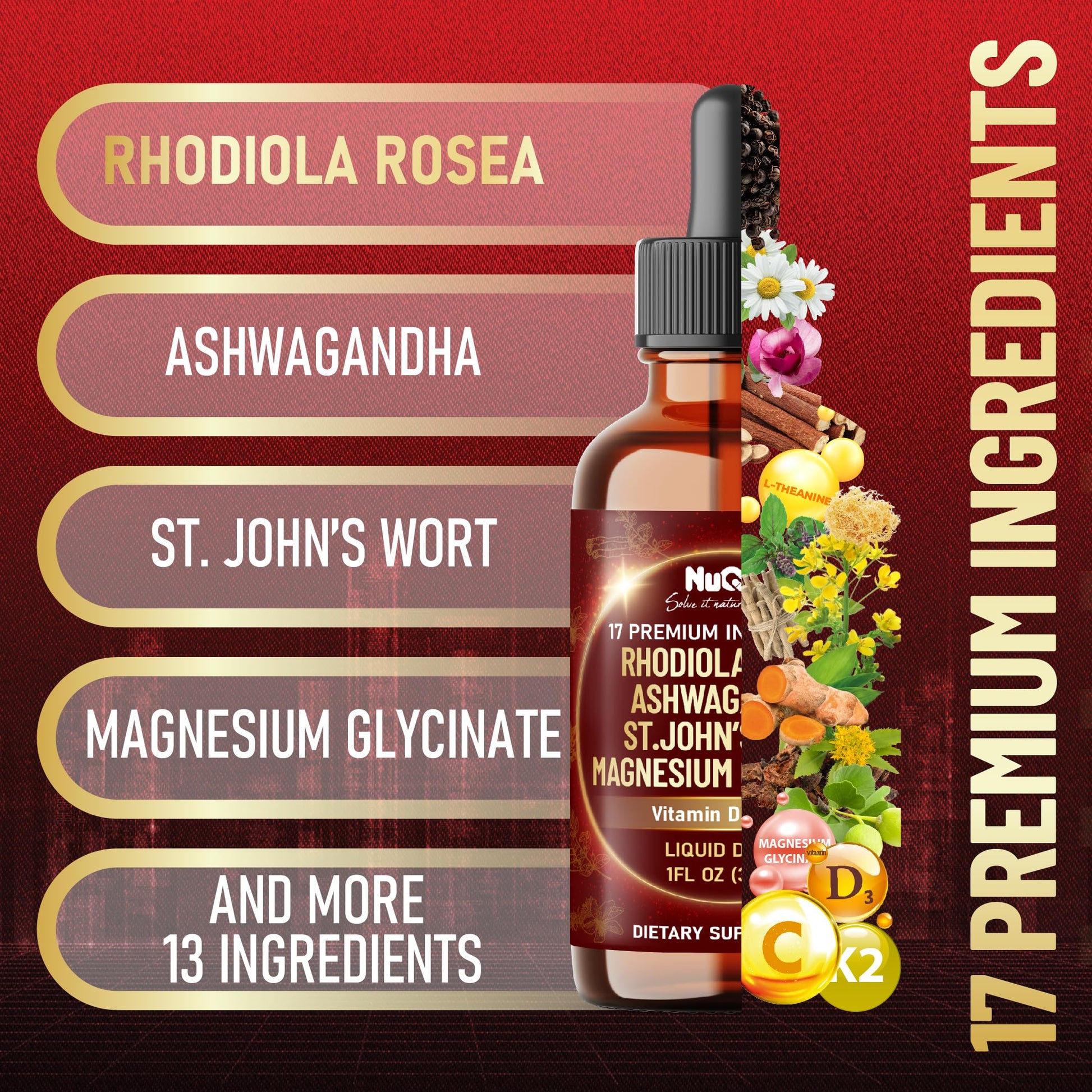 NUQIIT 17in1 Rhodiola Rosea Liquid Drops Tincture w/Ashwagandha Magnesium, L-Theanine. Ultra Rhodiola Cortisol Supplement, Rhodiola Root for Mood, Energy - 1 FL Oz - 60 Day Supply NUQIITAu supplements
