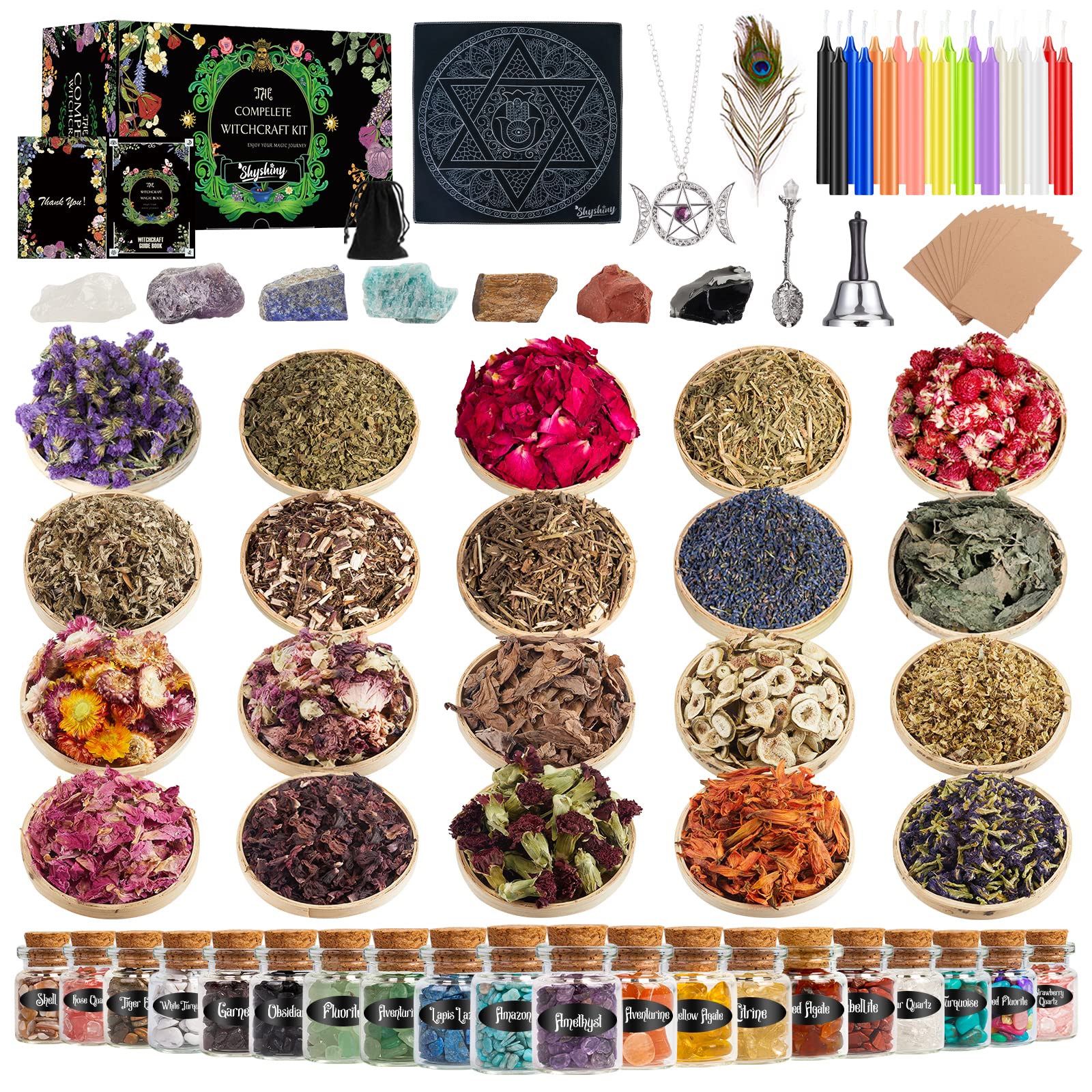 SHYSHINY Witchcraft Supplies Kit for Wiccan Spells, 95 Pack of 7 Chakra Stones, Crystals, Dried Herbs SHYSHINYAu supplements