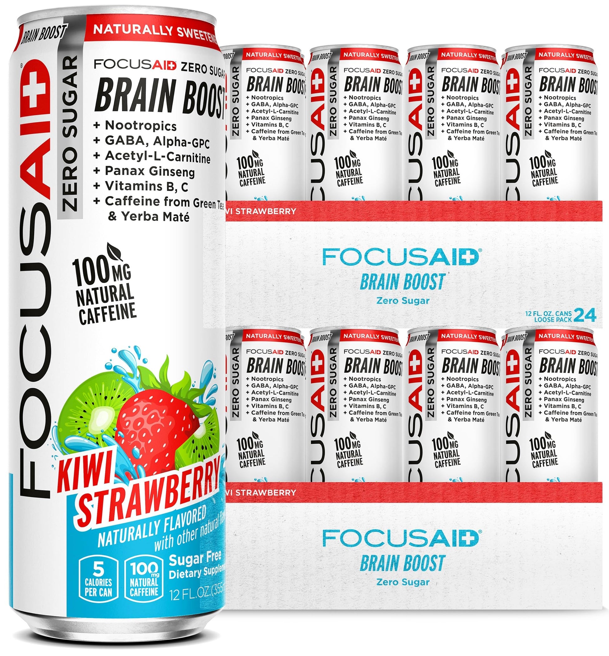 FOCUSAID ZERO SUGAR Nootropics Blend, Alpha-GPC, GABA, 100mg Natural Caffeine from Green Tea, Yerba Mate, Vitamin B-Complex, Keto-Friendly, No Artificial Sweeteners, 12 Fl Oz (Pack of 24) LIFEAIDAu supplements