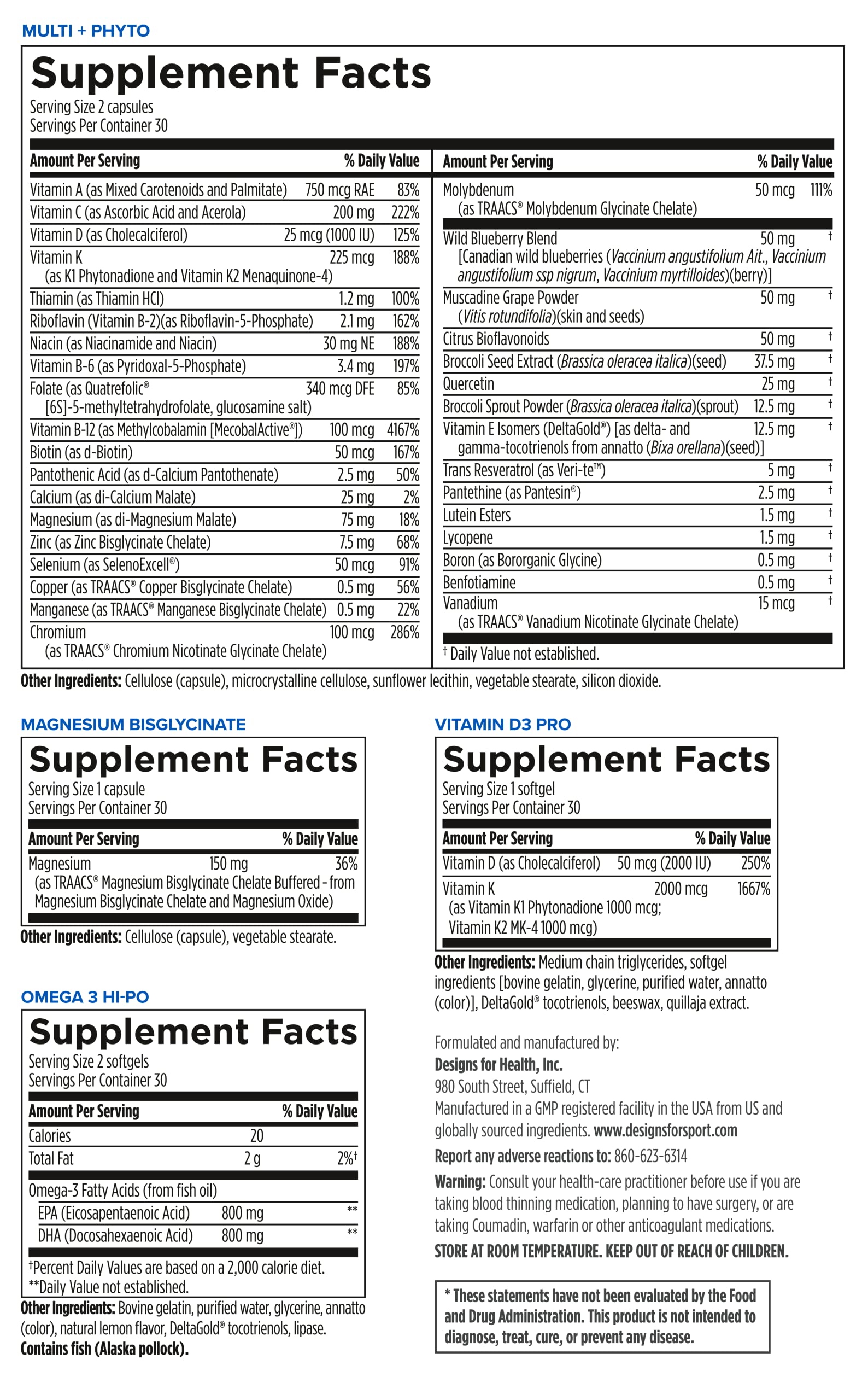 Designs for Sport Vitamin Packs - NSF Certified for Sport Power Pack with Daily Multivitamin, Fish Oil Omega-3, Magnesium Glycinate & Vitamin D3 + K - Athlete's Supplement Stack (30 Packets) Designs for SportAu supplements