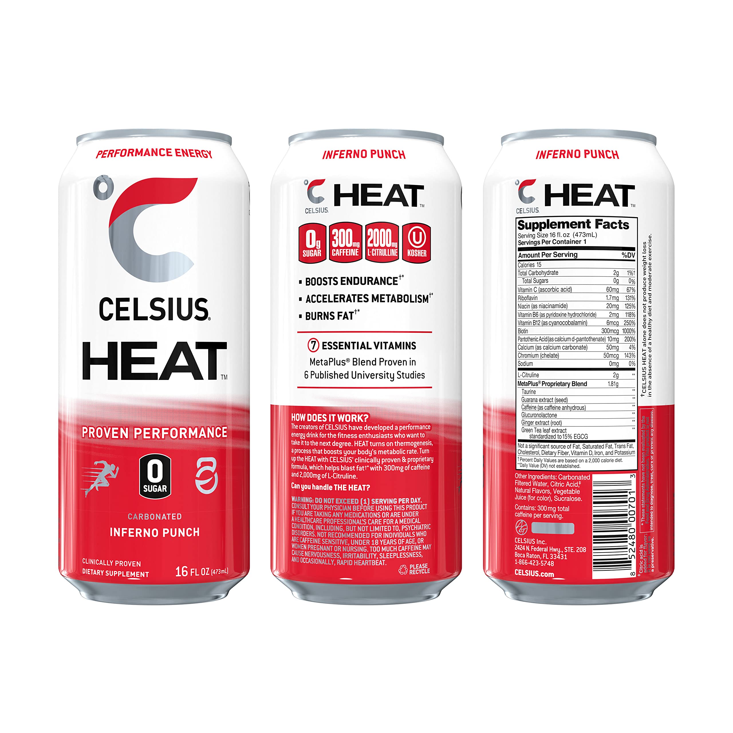 CELSIUS HEAT Inferno Punch Performance Energy Drink, Zero Sugar, 16oz. Can (Pack of 12) CELSIUSUS supplements