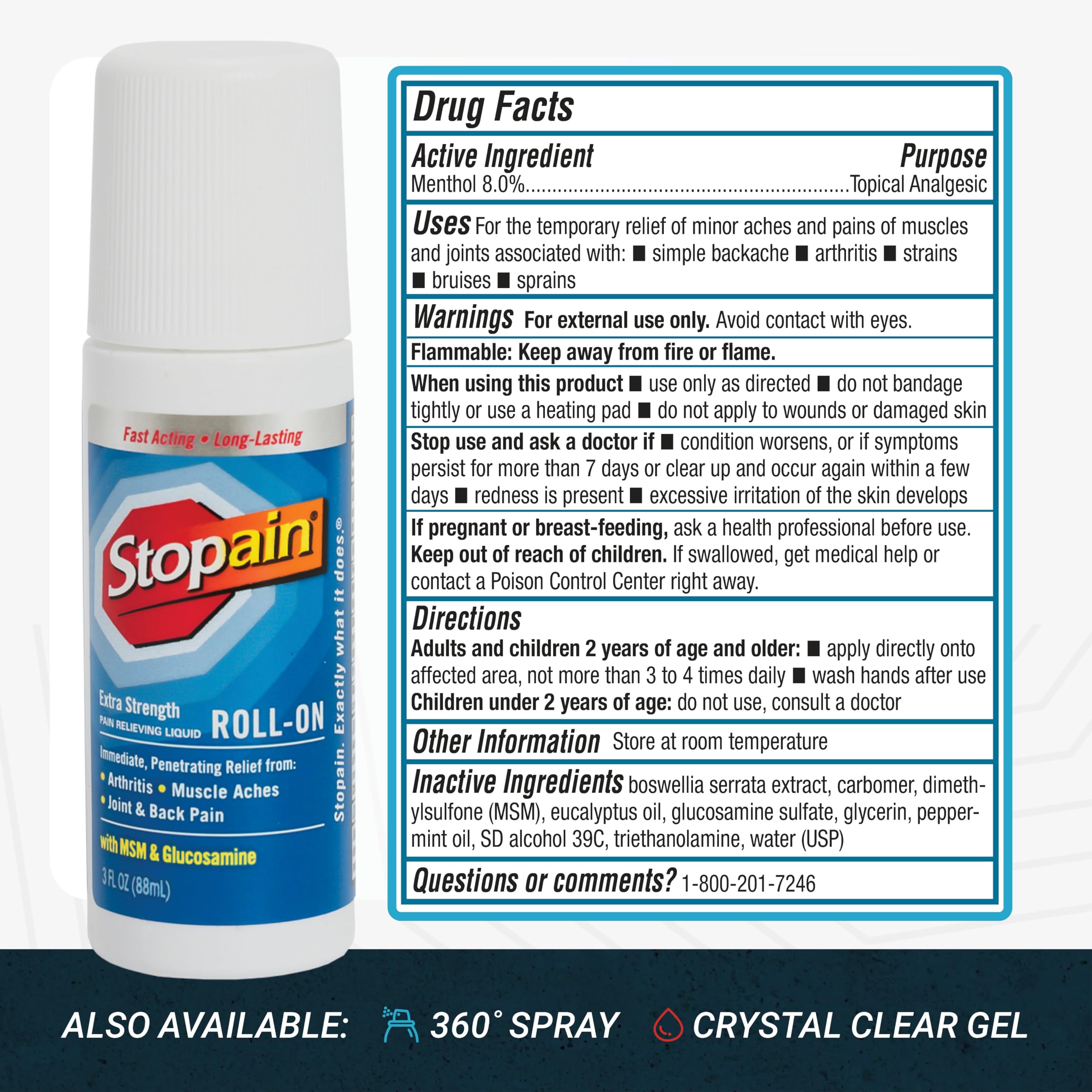 Stopain Pain Relief Roll On Gel 3oz, USA Made, Max Strength Fast Acting with MSM, Glucosamine, Menthol for Arthritis, Lower Back, Knee, Neck, HSA FSA Approved OTC Topical Analgesic Products StopainAu supplements