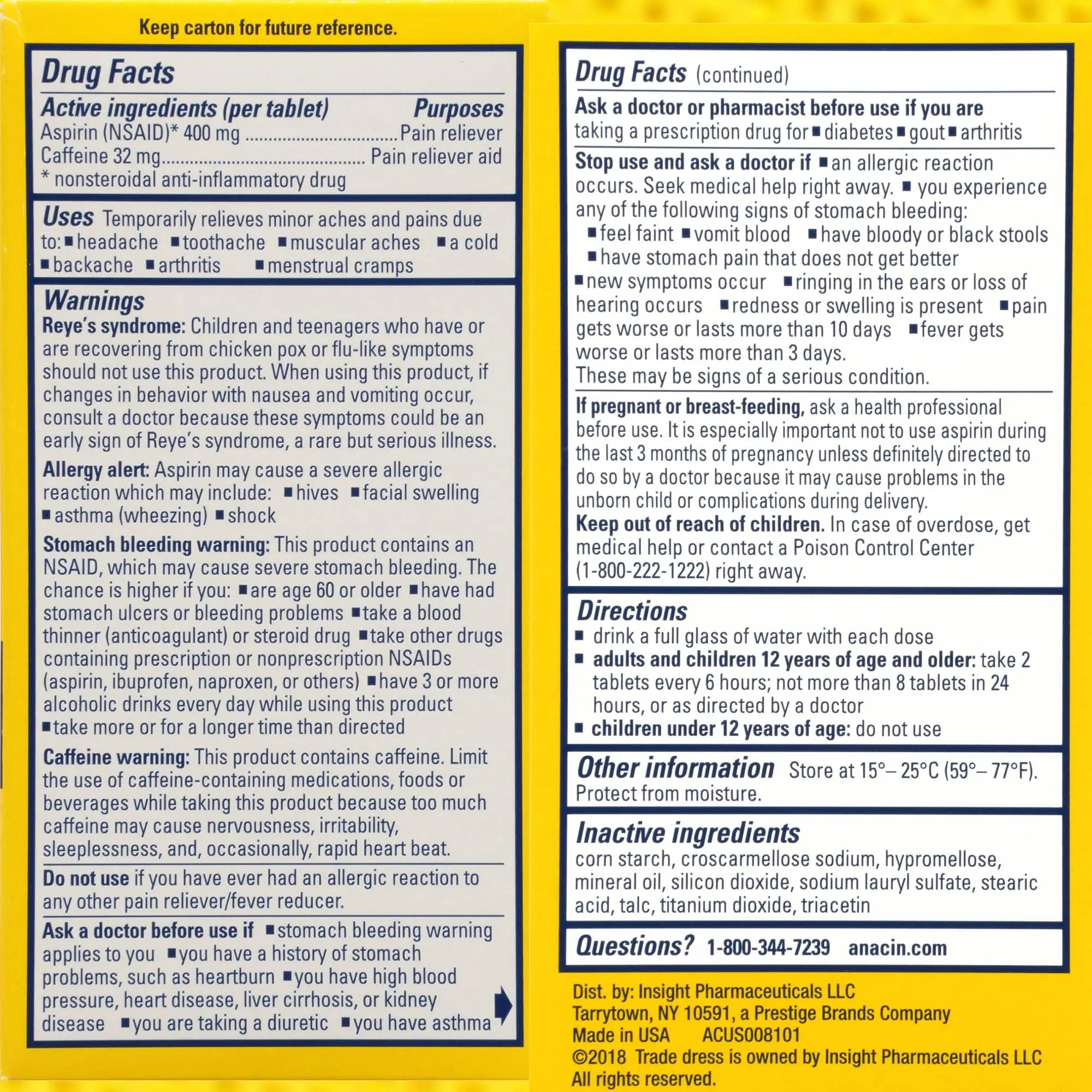 Anacin Aspirin & Caffeine Fast Pain Relief, Eases Minor Aches and Pains Due to Headache, Muscle Aches & Arthritis, 300 Count ANACINAu supplements