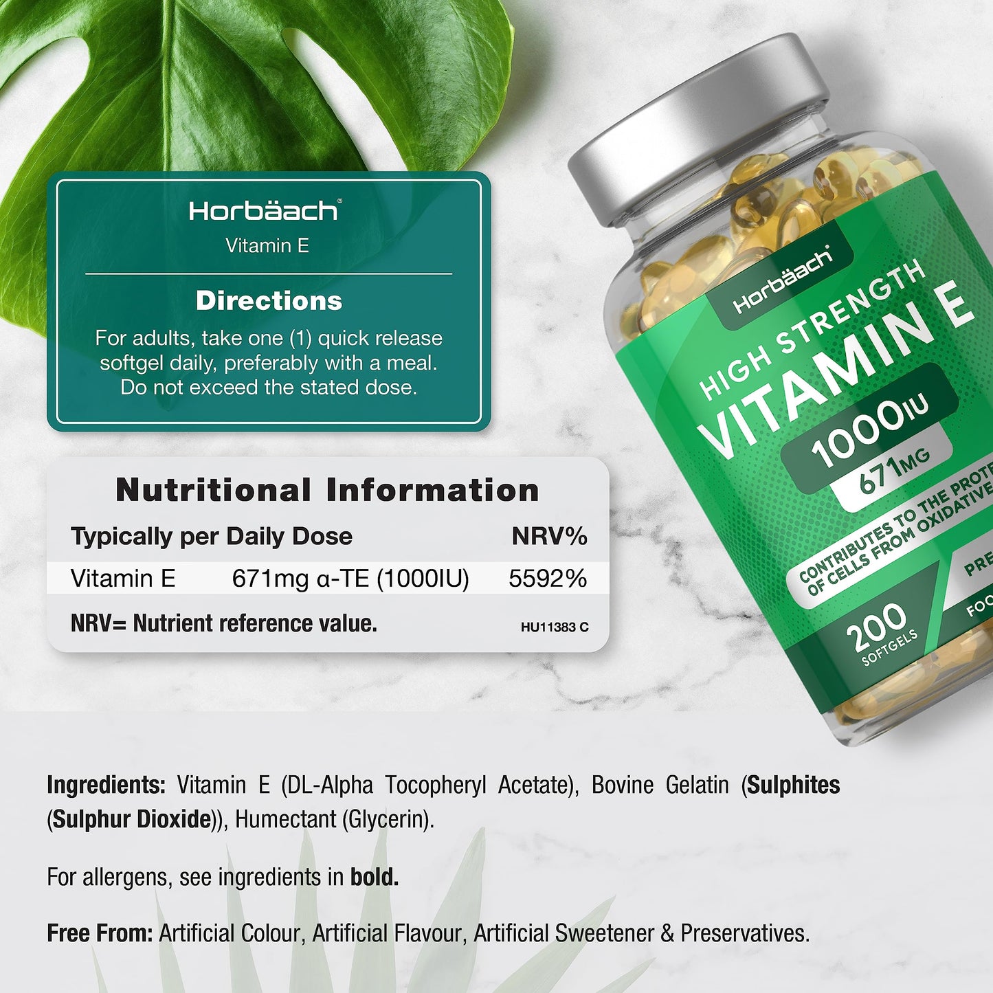 Vitamin E Capsules 1000iu | 200 Count | High Strength Vitamin E as DL-Alpha Tocopheryl HorbäachUS supplements