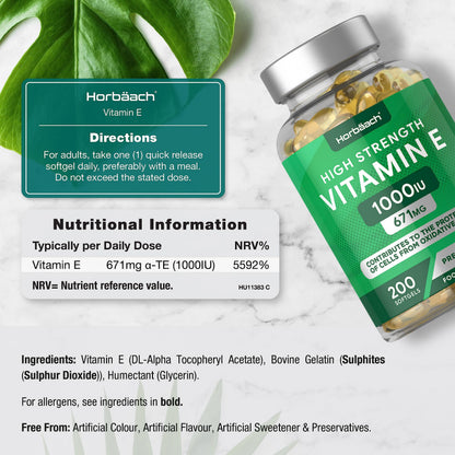 Vitamin E Capsules 1000iu | 200 Count | High Strength Vitamin E as DL-Alpha Tocopheryl HorbäachUS supplements