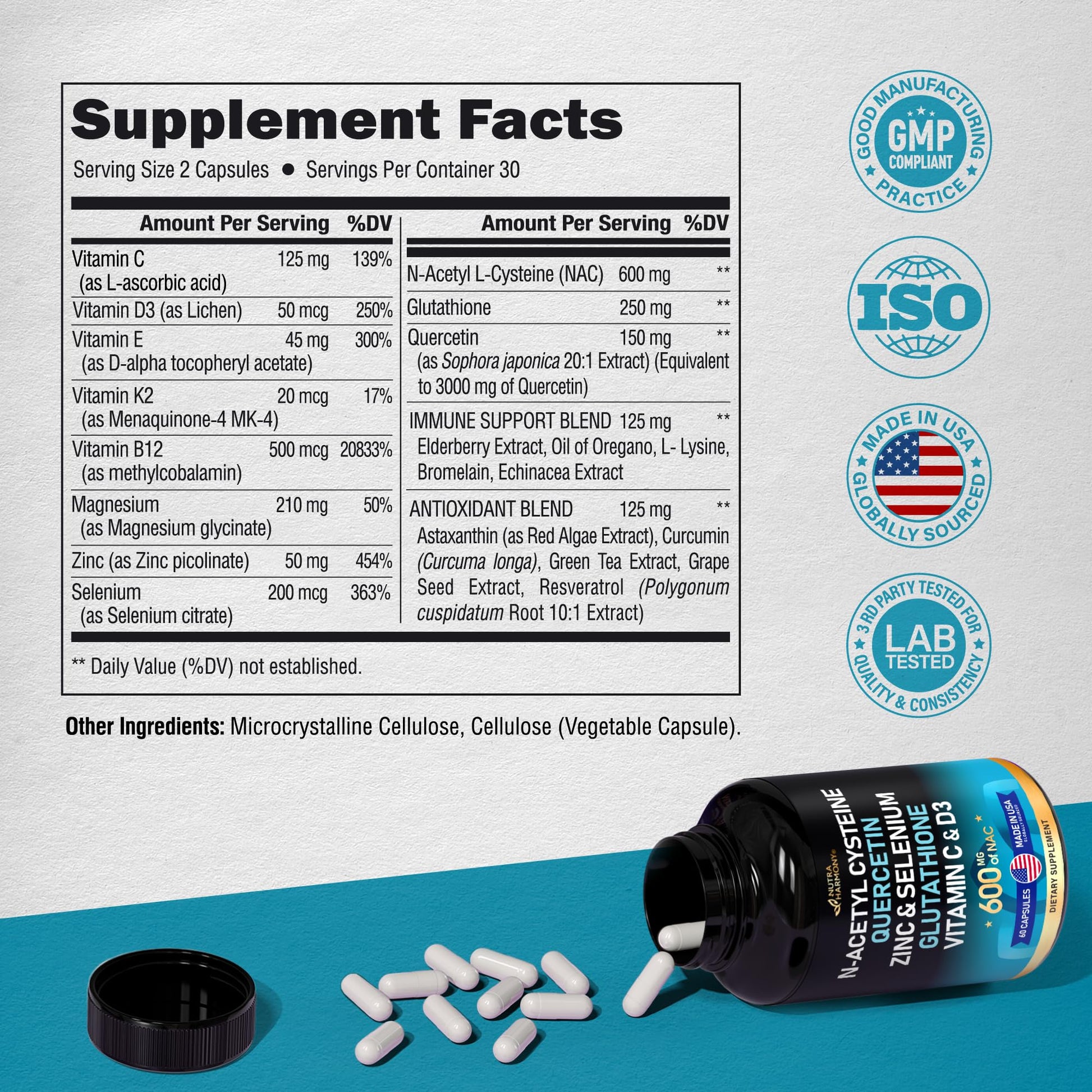 NAC 600 mg Supplement | Quercetin | Zinc | Glutathione | Selenium | Vitamin C & D3 NUTRAHARMONYUS supplements
