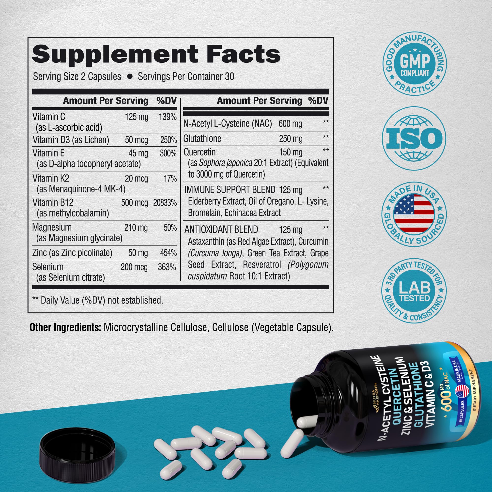 NAC 600 mg Supplement | Quercetin | Zinc | Glutathione | Selenium | Vitamin C & D3 NUTRAHARMONYUS supplements
