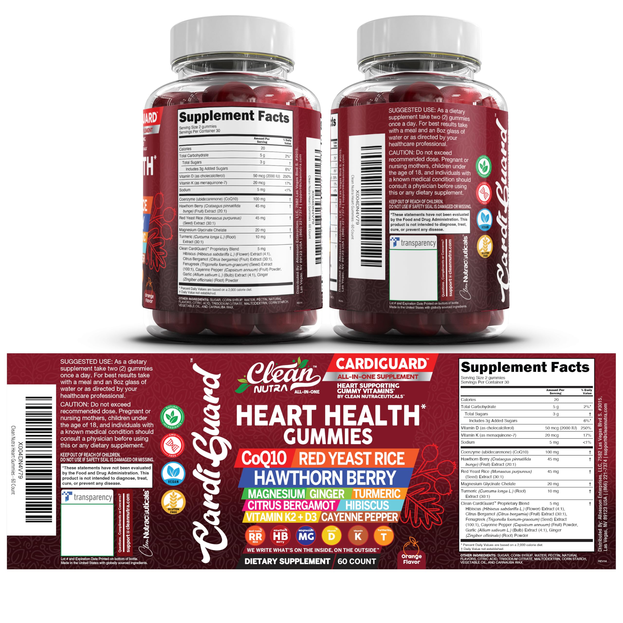 Clean Nutraceuticals Coq10 Gummies | Red Yeast Rice Hawthorn Berry Ginger Turmeric Citrus Bergamot Hibiscus Vitamin K2+D3 Magnesium Glycinate Cayenne Pepper Fenugreek Orange Flavor CardiGuard Clean NutraceuticalsAu supplements