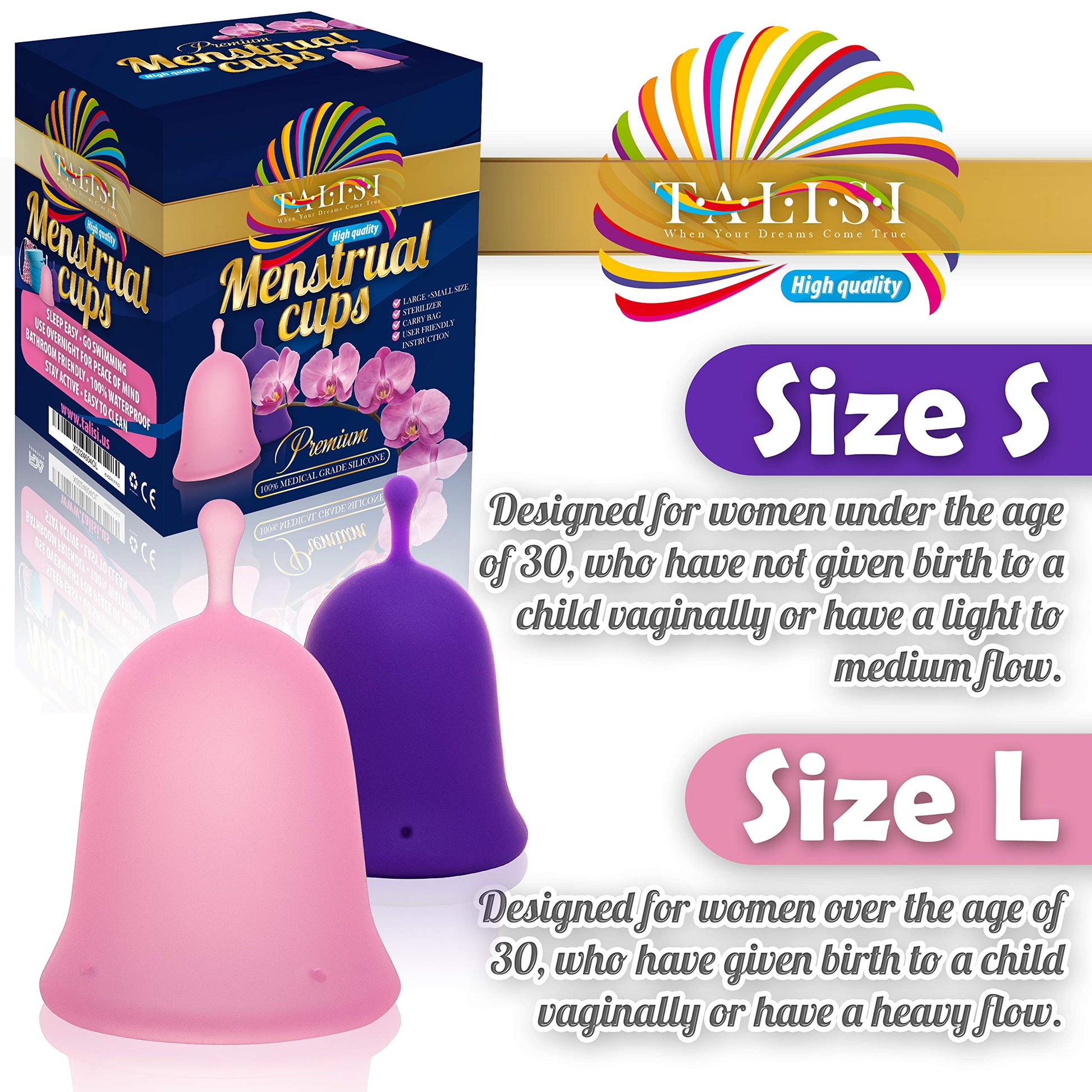 Talisi Menstrual Cups Set of 2 with Collapsible Silicone Sterilizer - Soft & Flexible Sensitive Feminine TALISI WHEN YOUR DREAMS COME TRUEAu supplements