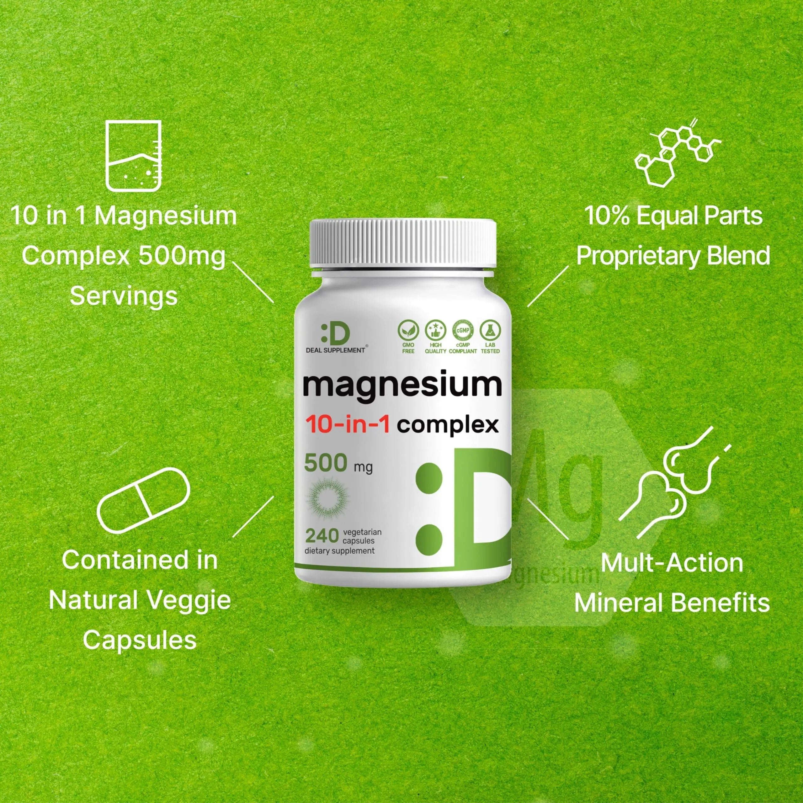Magnesium Complex 500mg, 240 Veggie Capsules – 10-in-1 Glycinate, Citrate, Malate, Oxide, & More – 100% Chelated for Easy Absorption – Essential Mineral Supplement – Non-GMO DEAL SUPPLEMENTnz supplements