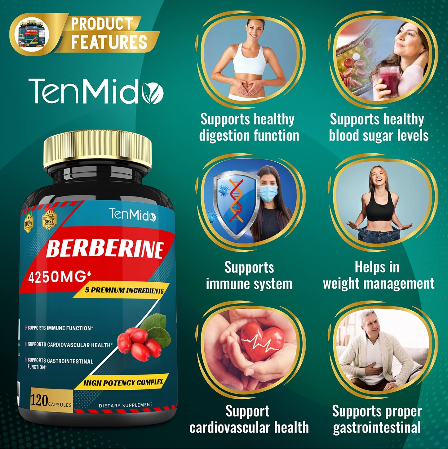 Berberine Extract Capsules 4250mg, 4 Months Supply & Ceylon, Milk Thistle, Turmeric TenmidoUS supplements