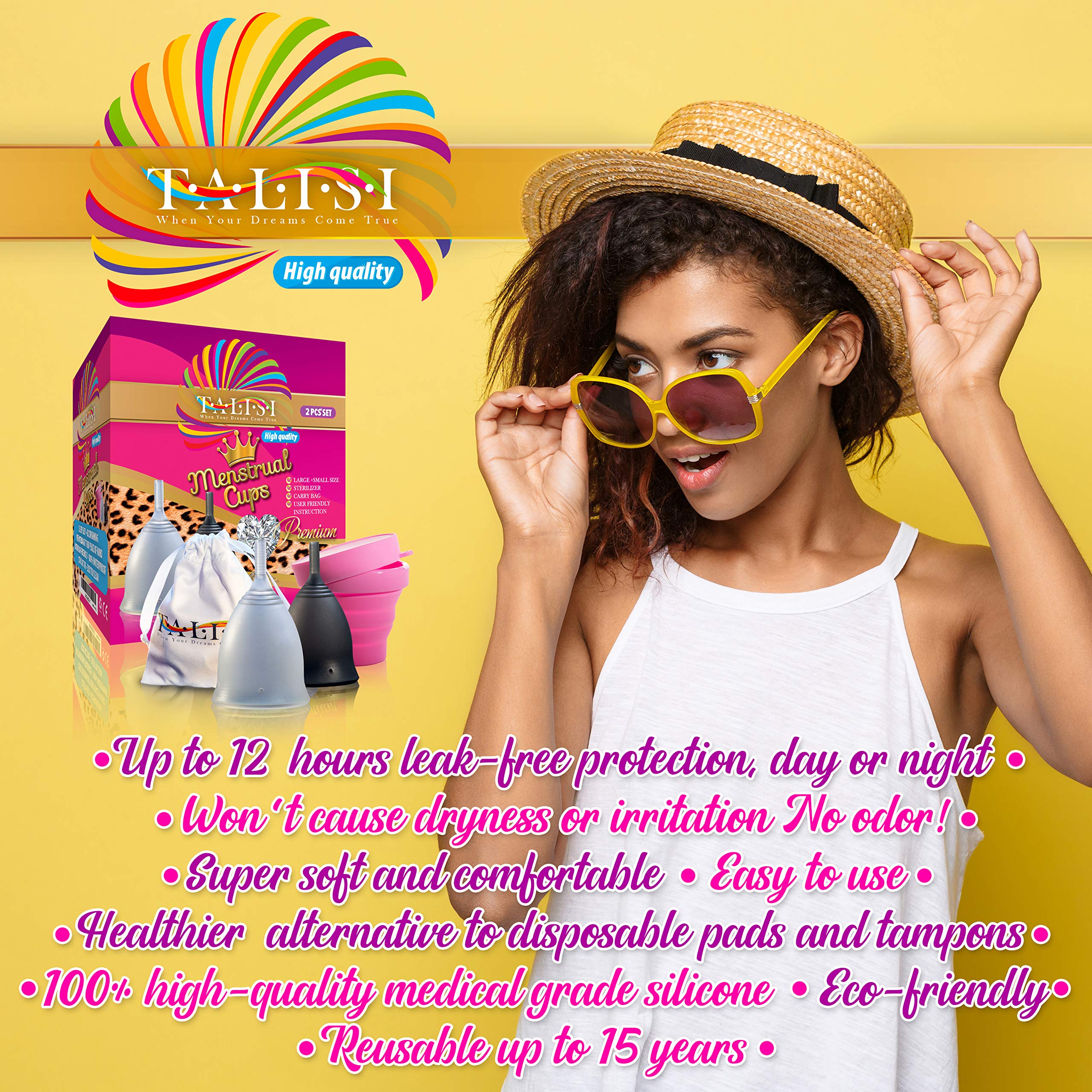 Talisi Soft Menstrual Cups Set of 2 - Reusable Period Cup for Women with Collapsible Case Holder Sterilizer TALISI WHEN YOUR DREAMS COME TRUEAu supplements