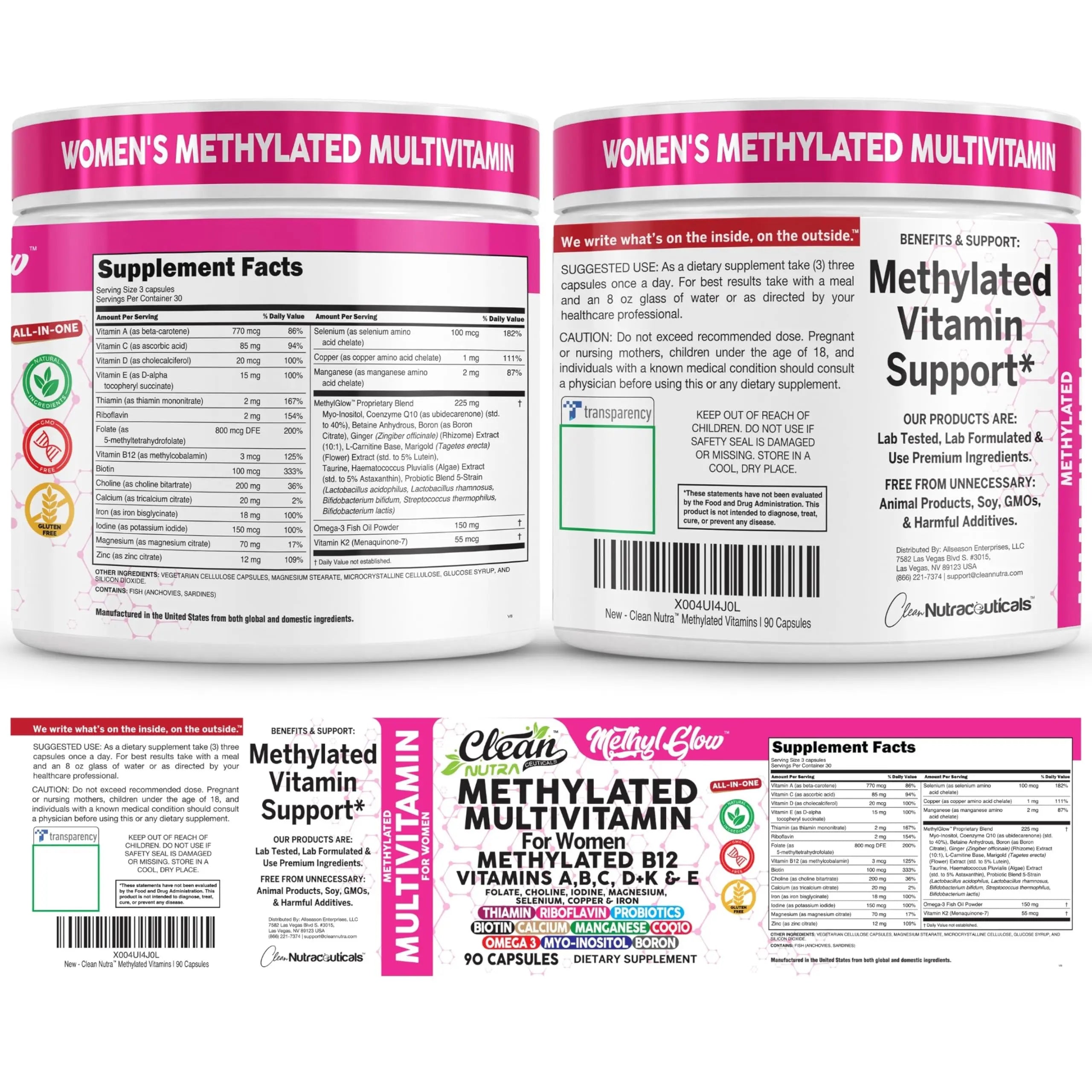 Methylated Multivitamin for Women Vitamins B6 Methyl B12 A B C D K E Folate Choline Omega 3 Thiamine Riboflavin Iron Clean NutraceuticalsAu supplements