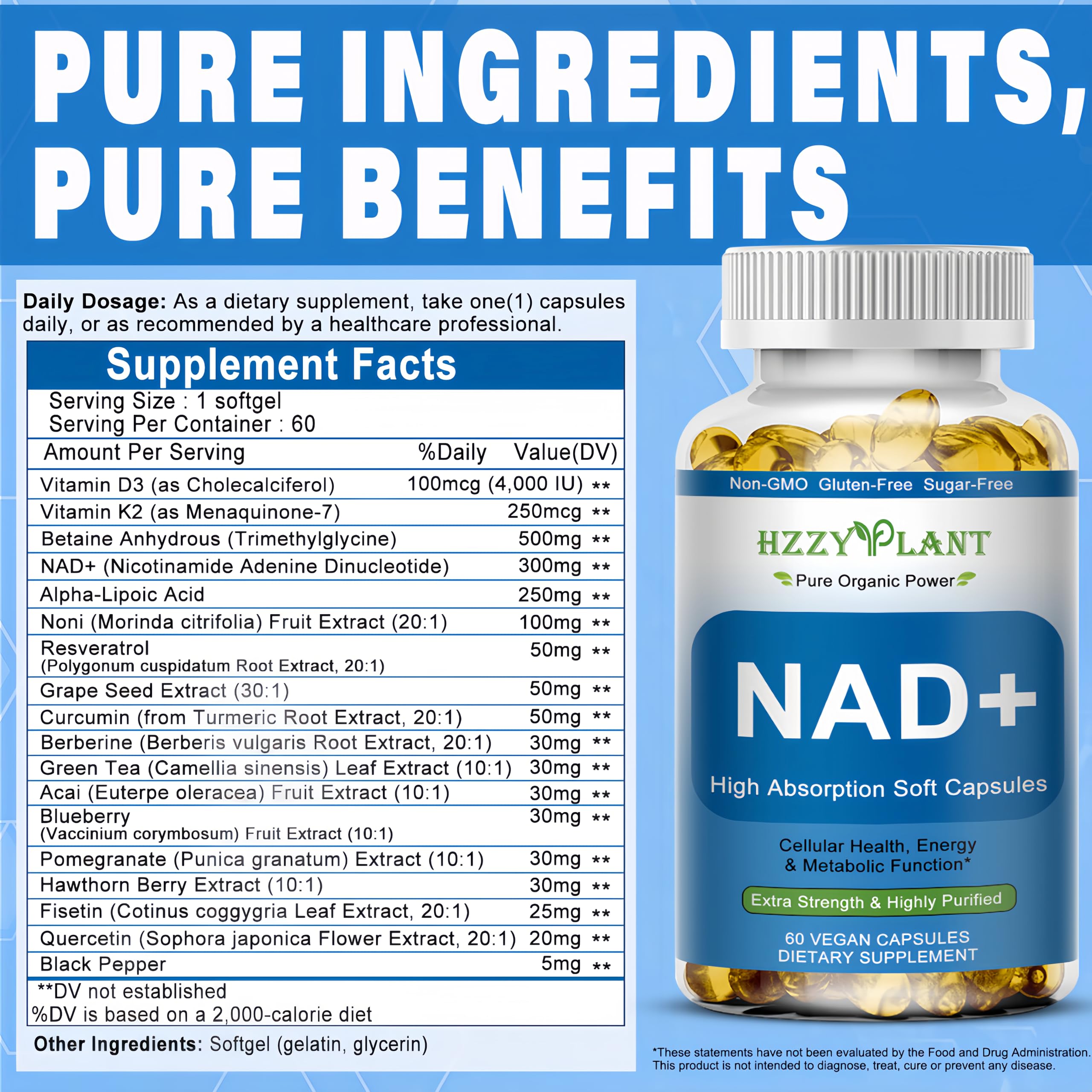 HZZYPLANT NAD+ Supplement, High Absorption NAD Supplements for Women for Cellular Energy Immune Focus Health, NAD Resveratrol Softgel Capsules, NAD Liquid Softgels Supplement, Non-GMO, 2 Month Supply HZZYPLANTAu supplements