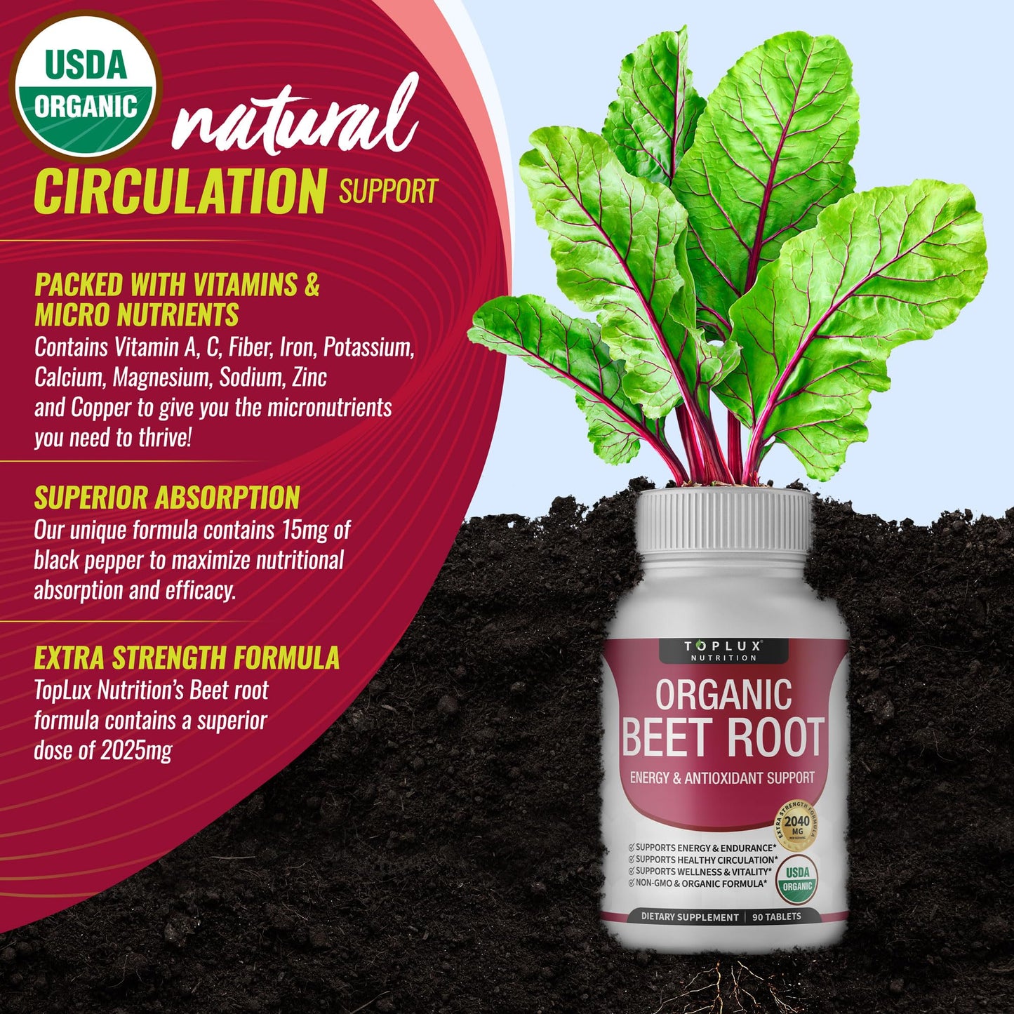 Organic Beet Root Powder Tablets - 2040mg Natural Nitric Oxide Beets to Support, Energy TopluxUS supplements