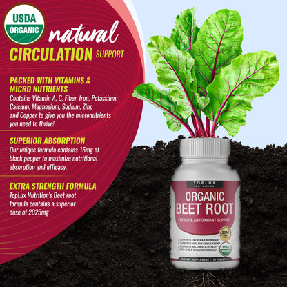 Organic Beet Root Powder Tablets - 2040mg Natural Nitric Oxide Beets to Support, Energy TopluxUS supplements