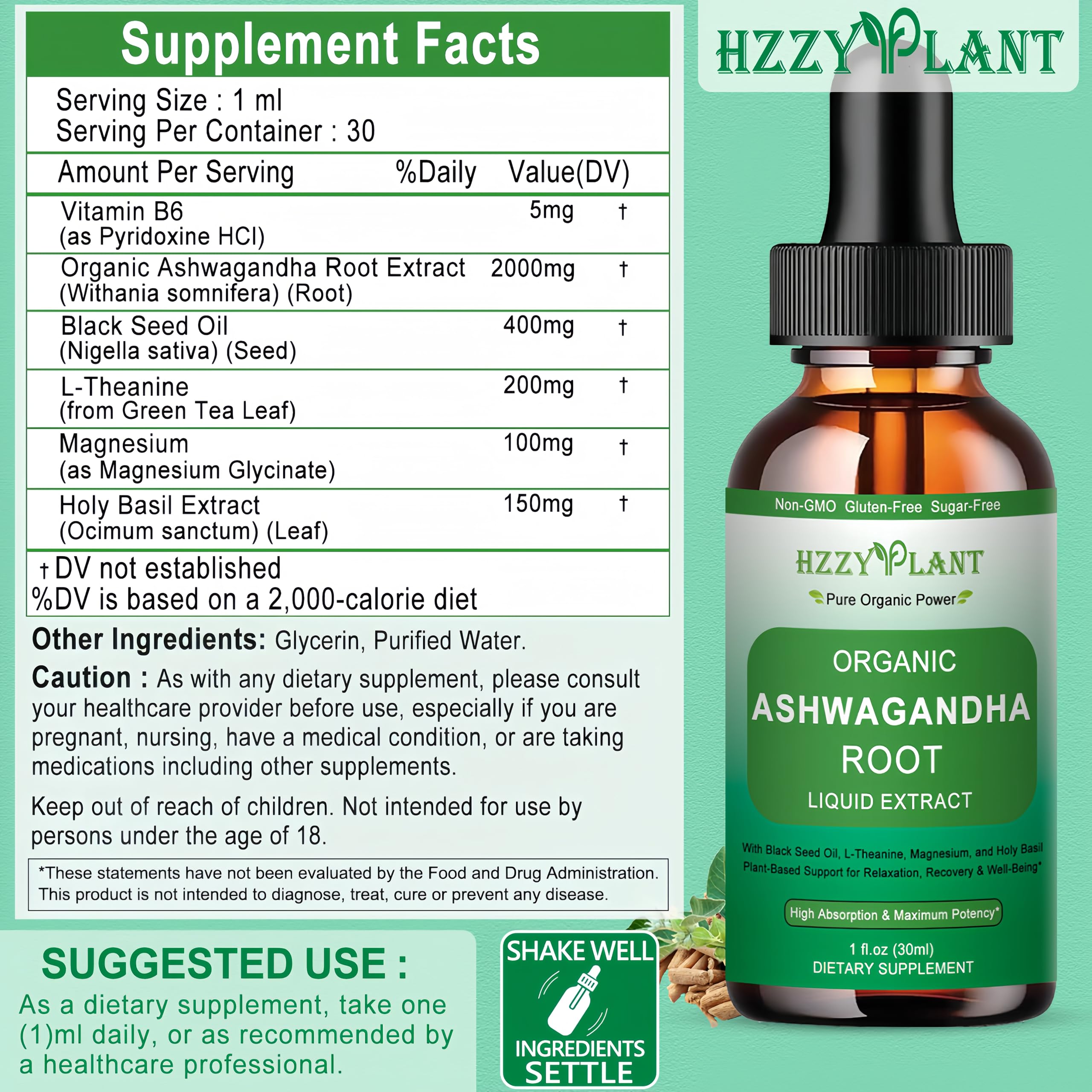 Organic Ashwagandha Drops,High Absorption Ashwagandha Extract Tincture for Stress Relief,Relaxation,Cortisol Support,Ashwagandha for Women & Men with Magnesium,L Theanine,Black Seed Oil,Vegan,Non-GMO HZZYPLANTAu supplements
