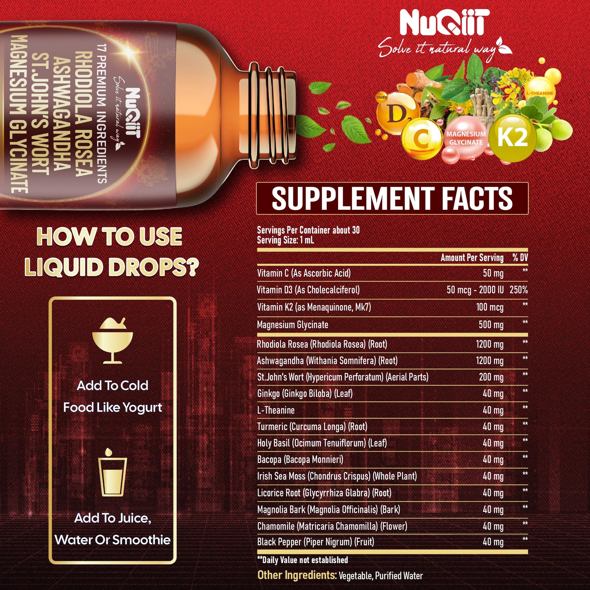 NUQIIT 17in1 Rhodiola Rosea Liquid Drops Tincture w/Ashwagandha Magnesium, L-Theanine. Ultra Rhodiola Cortisol Supplement, Rhodiola Root for Mood, Energy - 1 FL Oz - 60 Day Supply NUQIITAu supplements