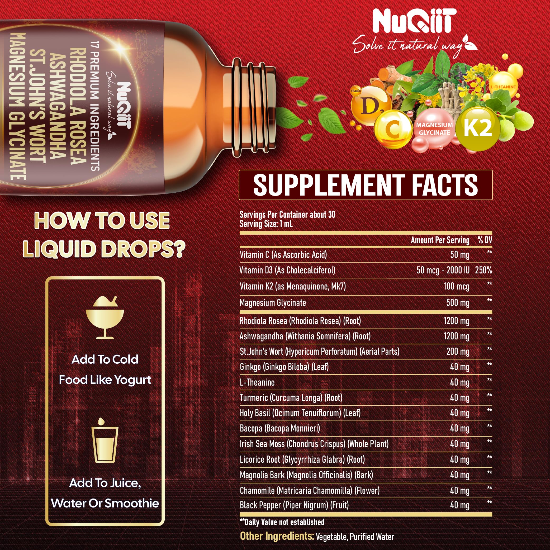 NUQIIT 17in1 Rhodiola Rosea Liquid Drops Tincture w/Ashwagandha Magnesium, L-Theanine. Ultra Rhodiola Cortisol Supplement, Rhodiola Root for Mood, Energy - 1 FL Oz - 60 Day Supply NUQIITAu supplements