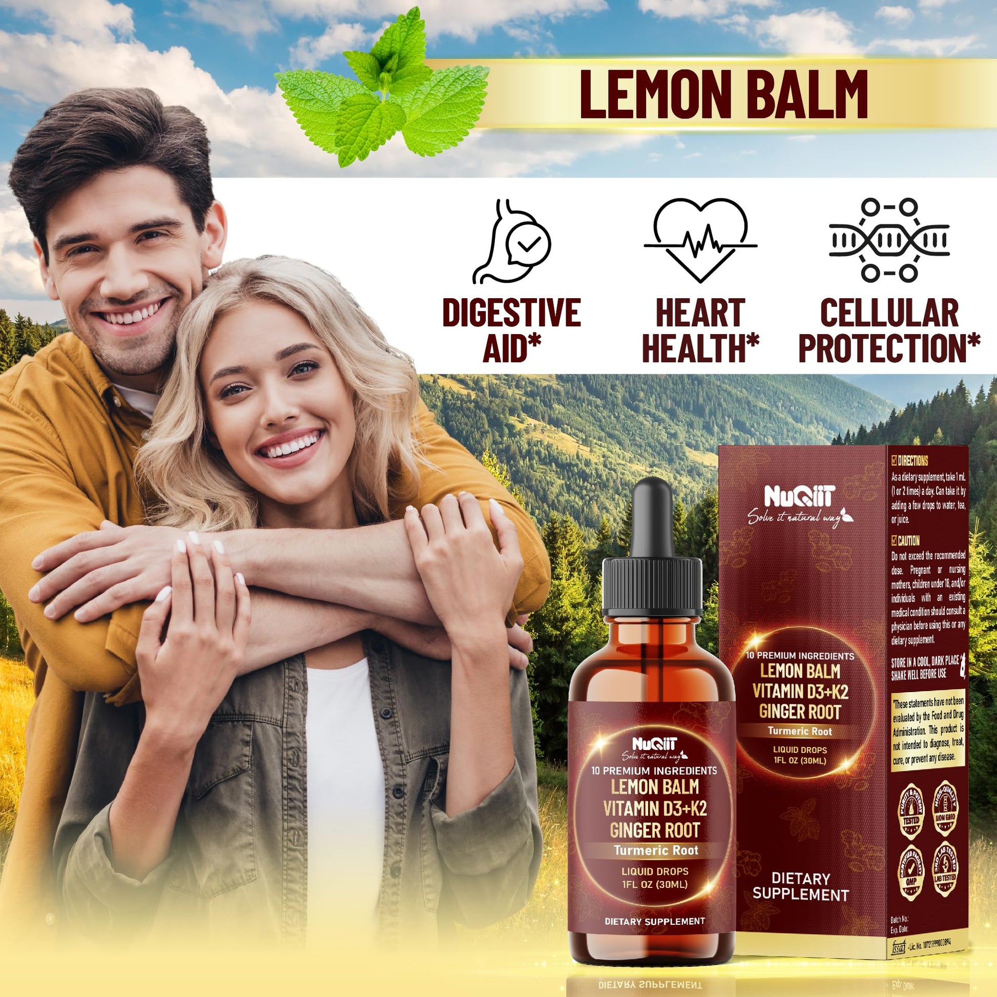 NUQIIT 10in1 Lemon Balm Tincture Blend Includes Vitamin D3, Vitamin K2, Lemon Balm, Ginger, Turmeric, Ceylon Cinnamon and More - 1 FL Oz - 60 Day Supply NUQIITAu supplements