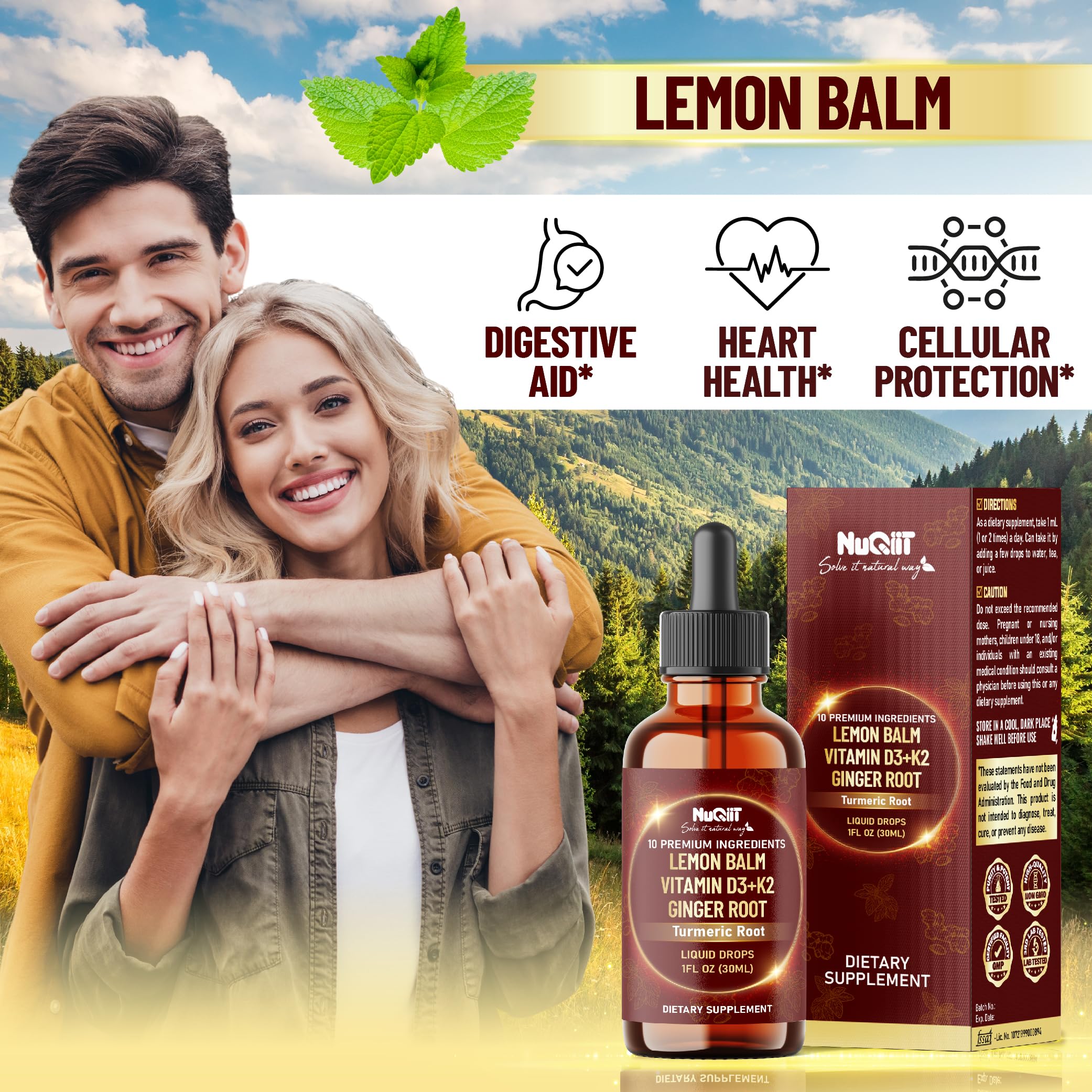 NUQIIT 10in1 Lemon Balm Tincture Blend Includes Vitamin D3, Vitamin K2, Lemon Balm, Ginger, Turmeric, Ceylon Cinnamon and More - 1 FL Oz - 60 Day Supply NUQIITAu supplements