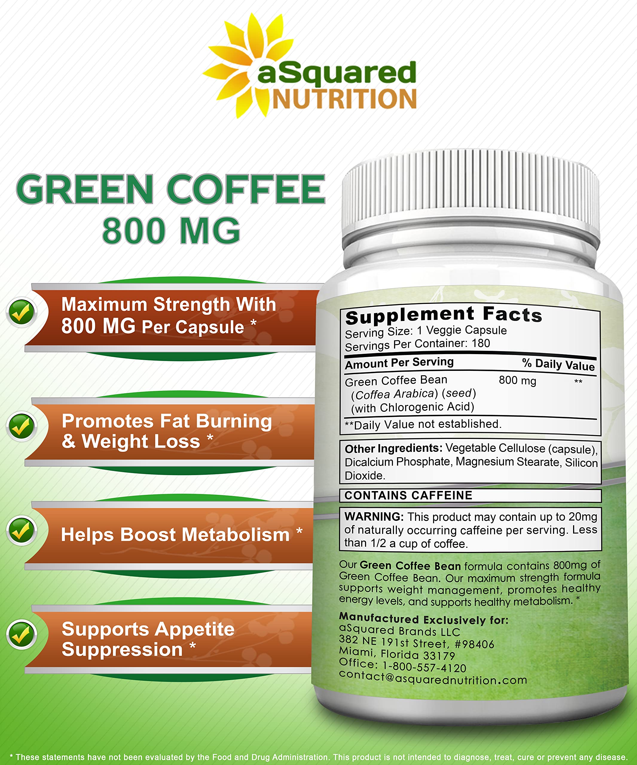 aSquared Nutrition Natural Green Coffee Bean Formula-180 Capsules-Max Strength GCA aSquared NutritionAu supplements
