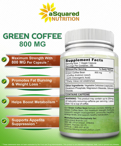 aSquared Nutrition Natural Green Coffee Bean Formula-180 Capsules-Max Strength GCA aSquared NutritionUS supplements