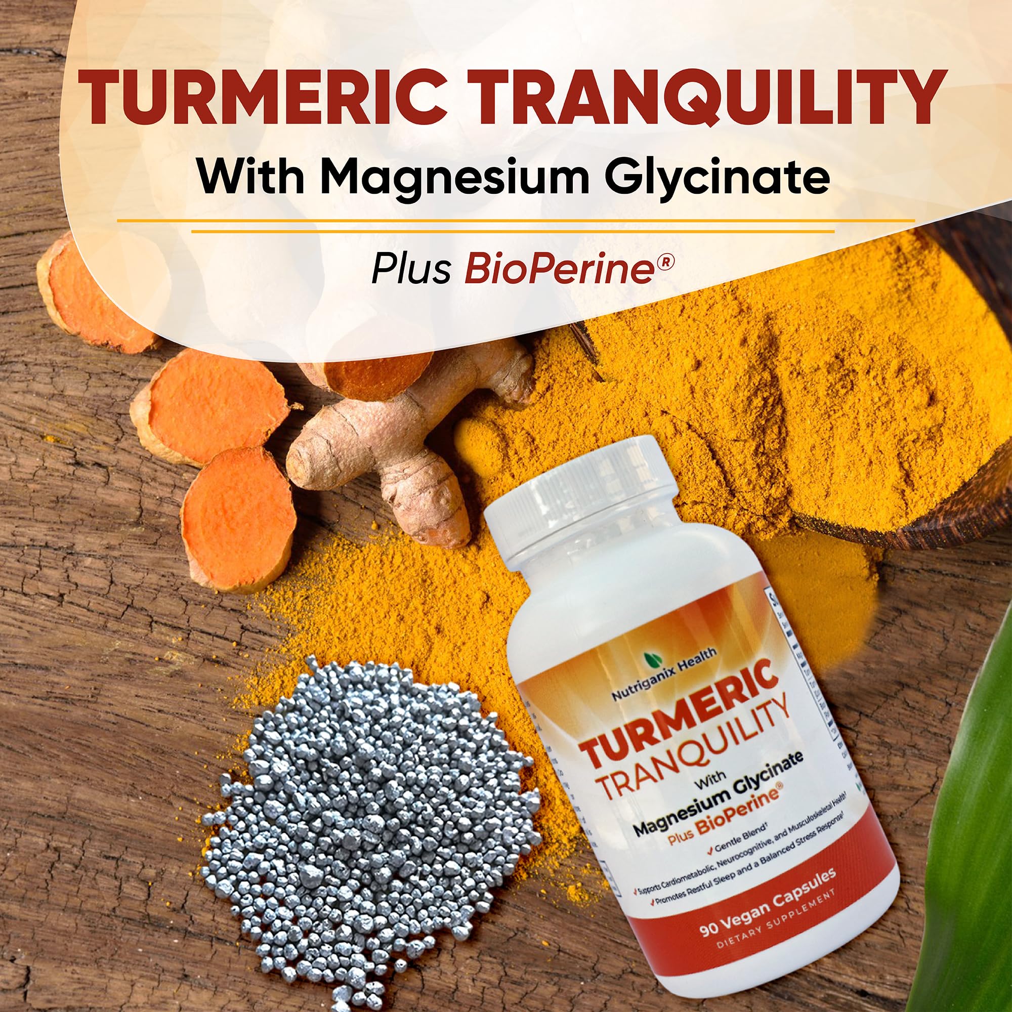 Turmeric Tranquility Turmeric Curcumin & Magnesium Glycinate with BioPerine – Support for Stress Relief, Sleep, Heart Health, Muscles, Metabolism, and Joint Health* - High Absorption - 90 Capsules (1) NutriganixAu supplements