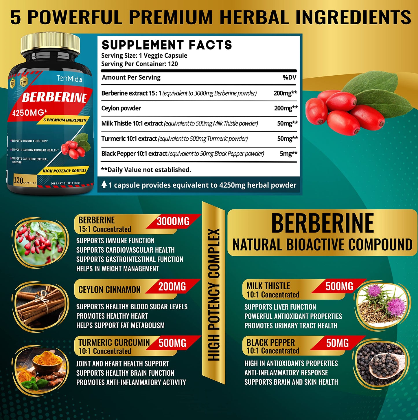 Berberine Extract Capsules 4250mg, 4 Months Supply & Ceylon, Milk Thistle, Turmeric TenmidoUS supplements