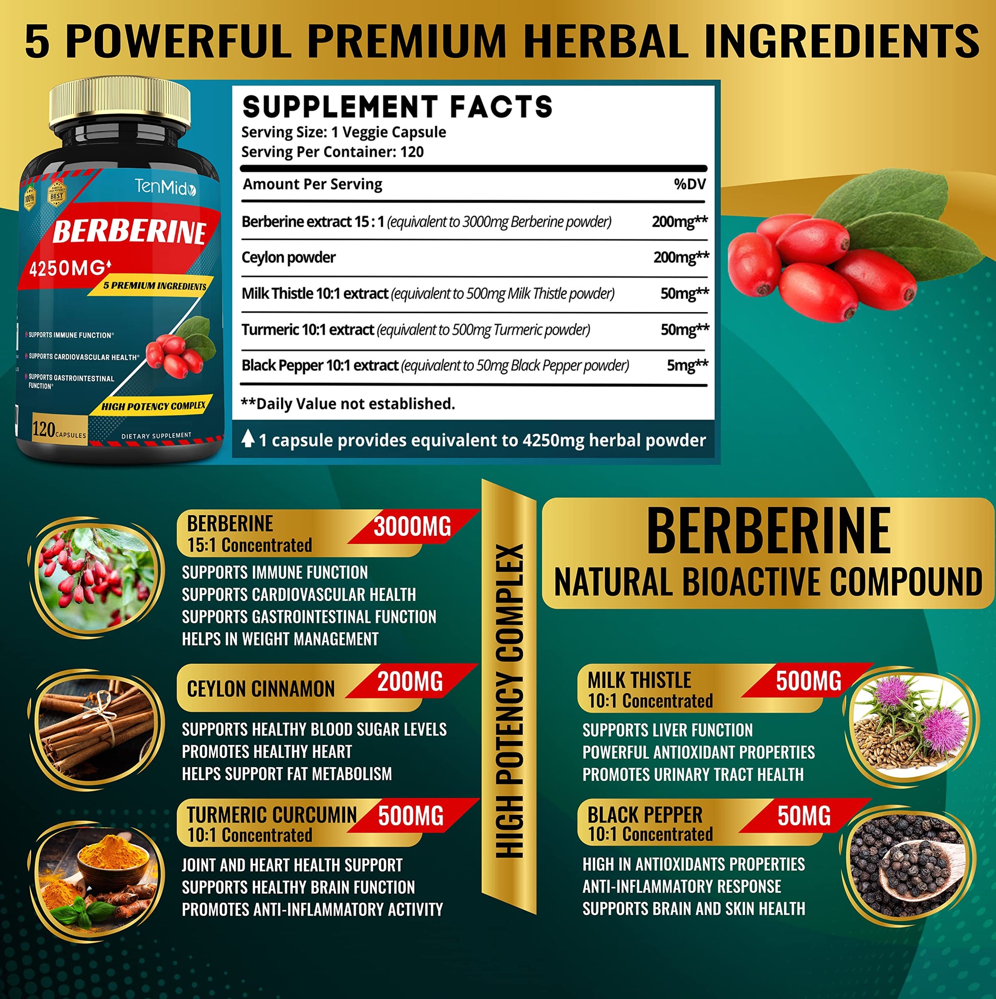Berberine Extract Capsules 4250mg, 4 Months Supply & Ceylon, Milk Thistle, Turmeric TenmidoAu supplements
