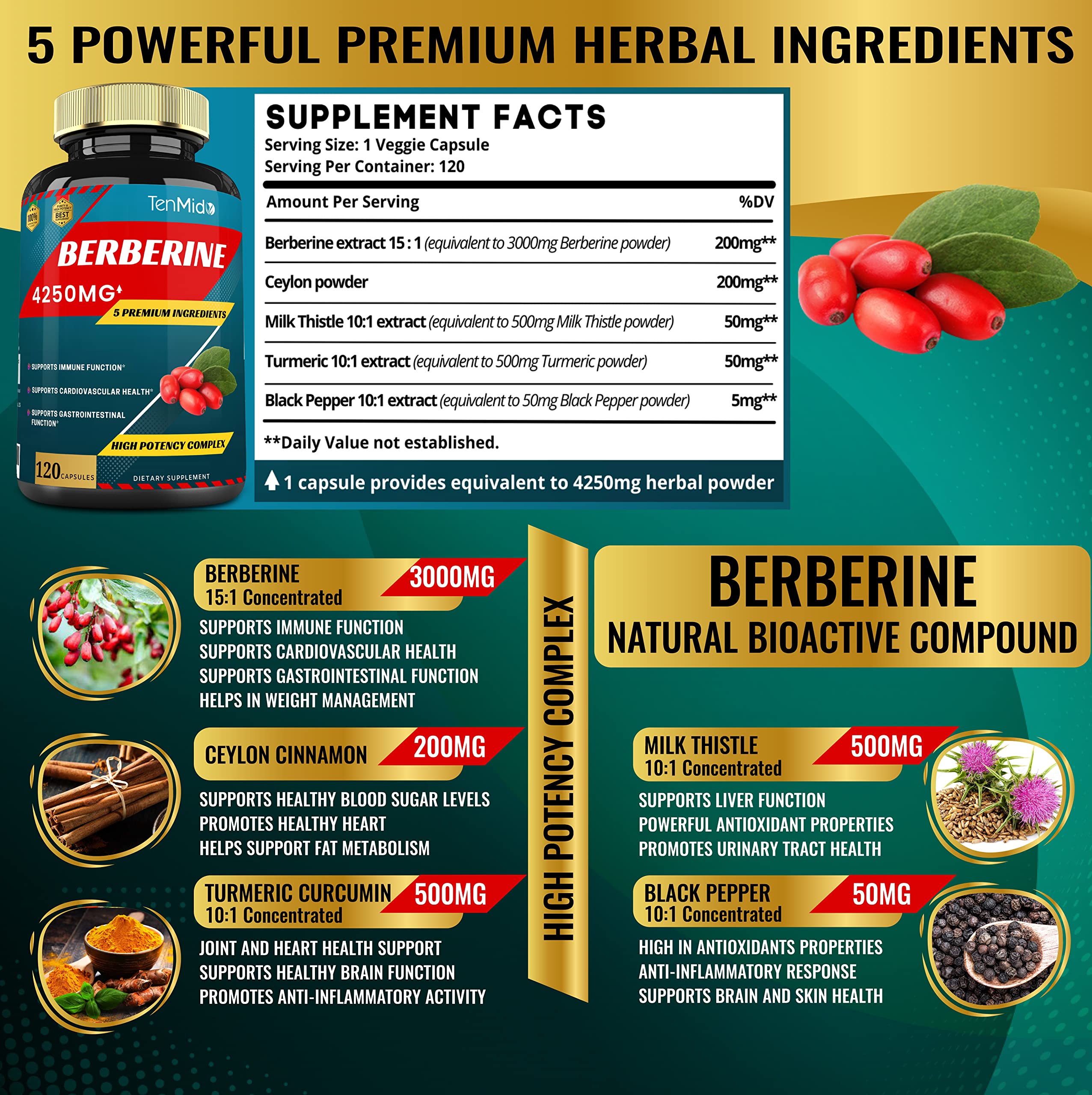 Berberine Extract Capsules 4250mg, 4 Months Supply & Ceylon, Milk Thistle, Turmeric TenmidoAu supplements