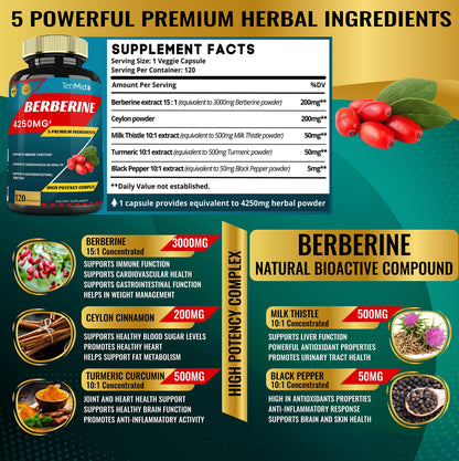 Berberine Extract Capsules 4250mg, 4 Months Supply & Ceylon, Milk Thistle, Turmeric TenmidoUS supplements