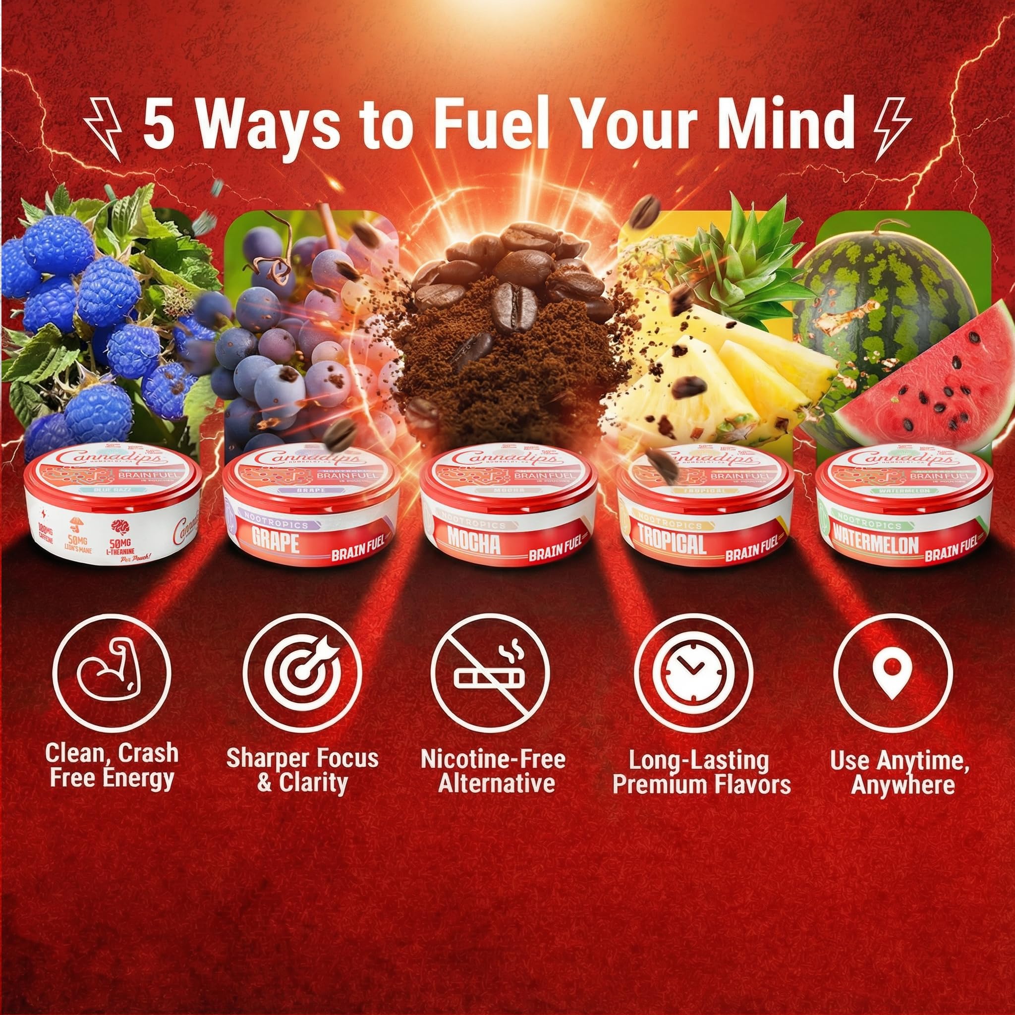 Cannadips - Brain Fuel Variety Pack - Nootropic Caffeine Pouches - 50mg Lion's Mane, 100mg Caffeine, 50mg L-Theanine, No Sugar - Clean Energy Brain Fuel for Cognitive Performance, Made in USA (5-PACK) CannadipsAu supplements