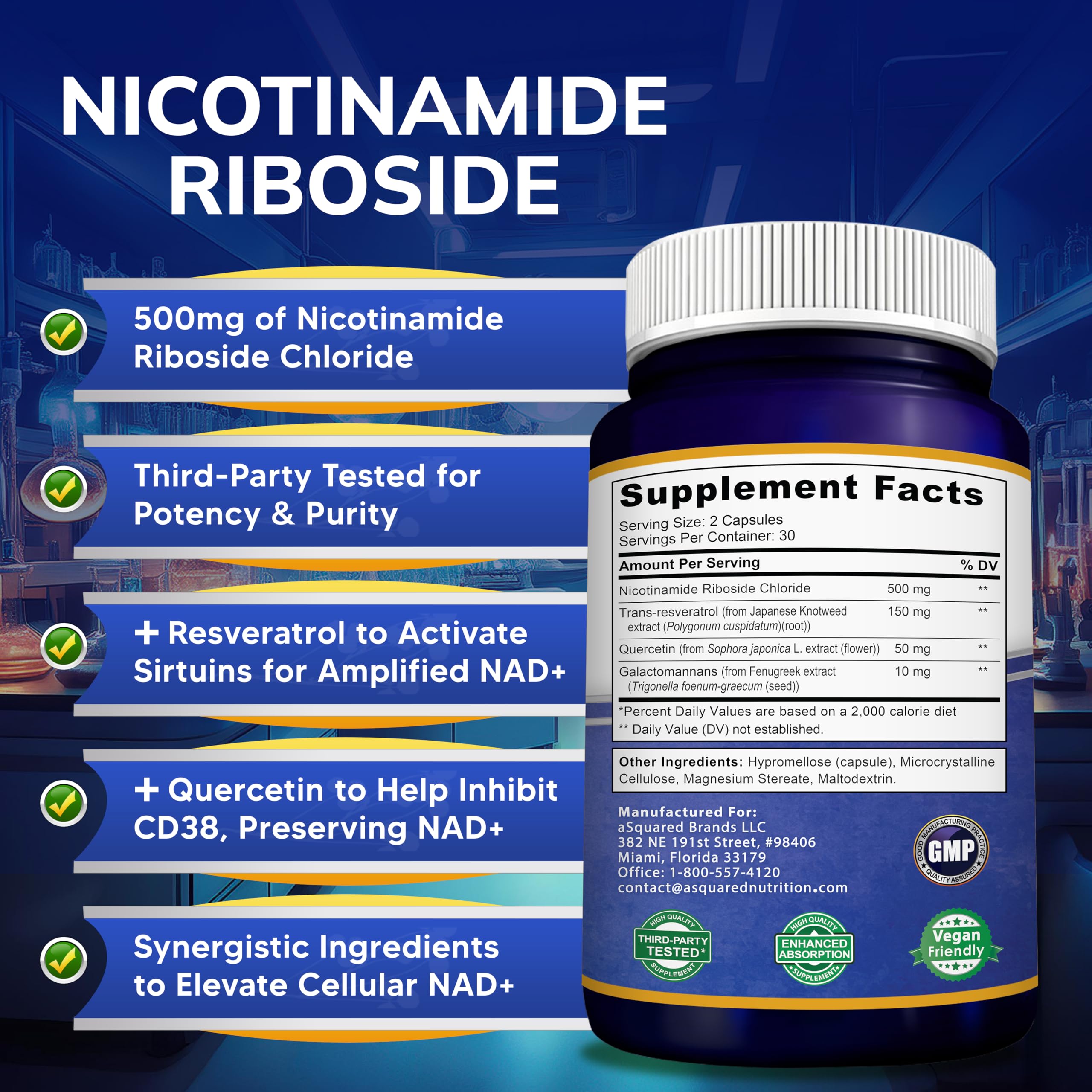 aSquared Nutrition NAD Resveratrol Supplement - NAD+ Nicotinamide Riboside 500mg (Vitamin B3) Plus Trans-Resveratrol & Quercetin - NMN Alternative for Men & Women - 60 Capsules aSquared NutritionAu supplements